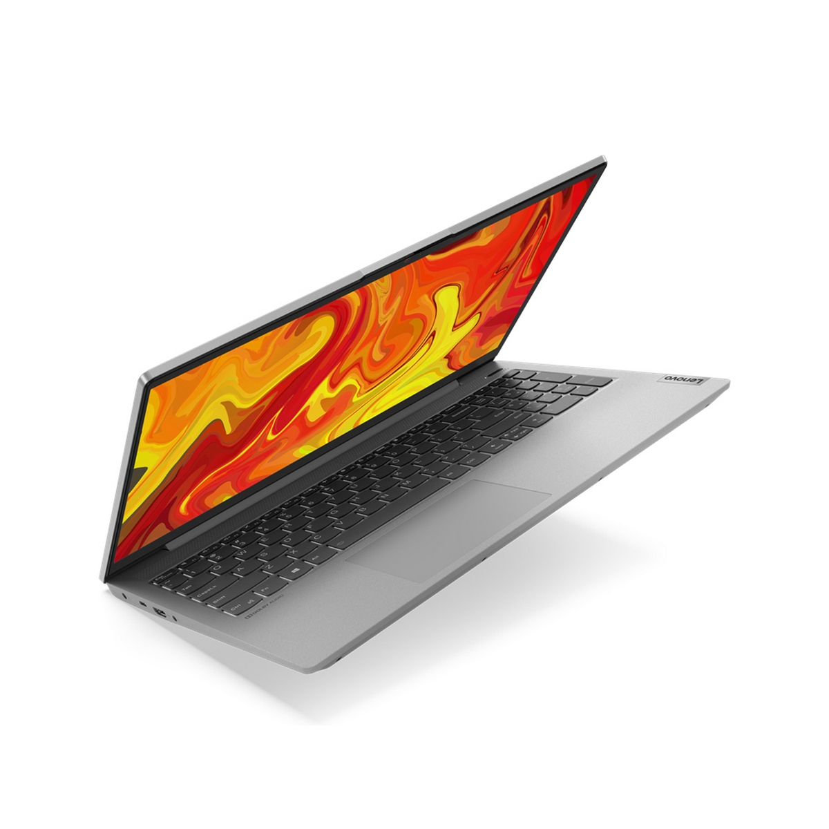 Laptop argento, aperto ad angolo. Lo schermo mostra un design astratto, colorato e infuocato.