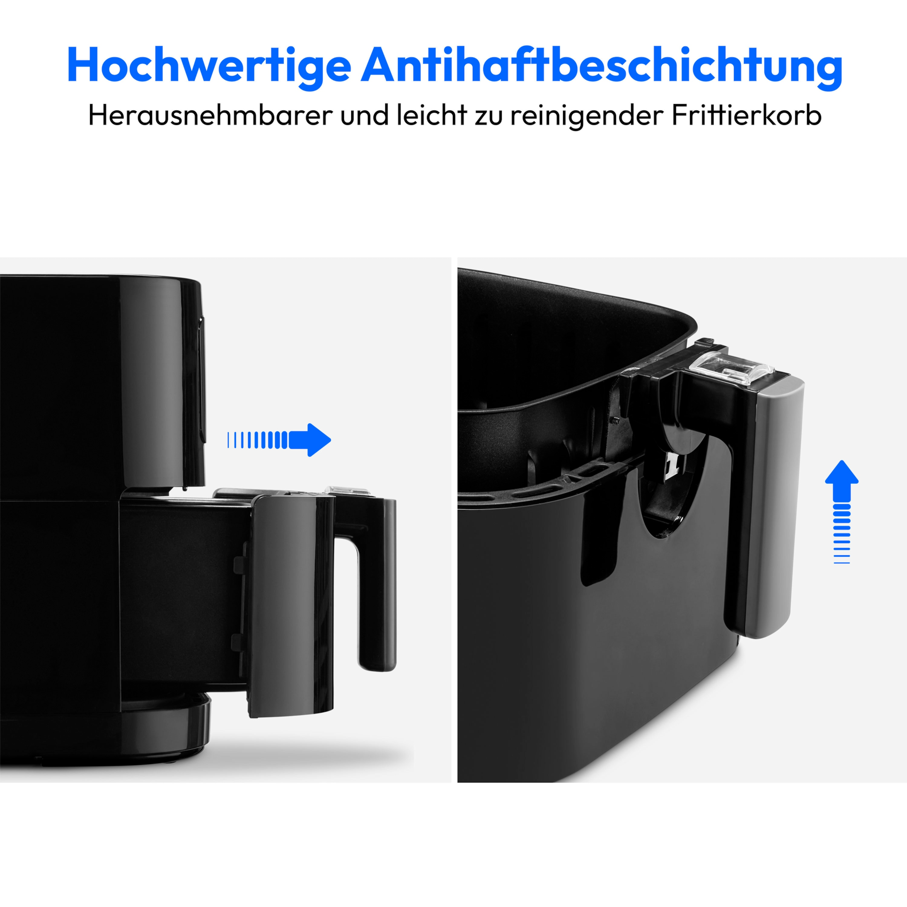 Dwa obrazy czarnej frytkownicy beztłuszczowej z wyjmowaną szufladą.