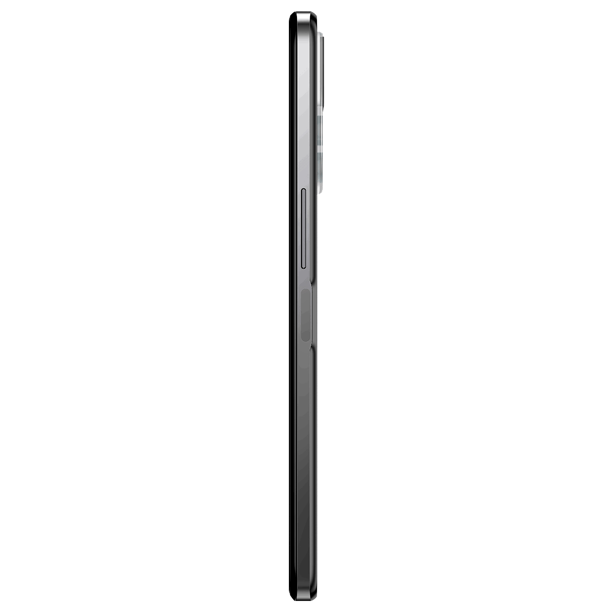 Widok z boku ciemnoszarego telefonu z przyciskami głośności i zasilania.