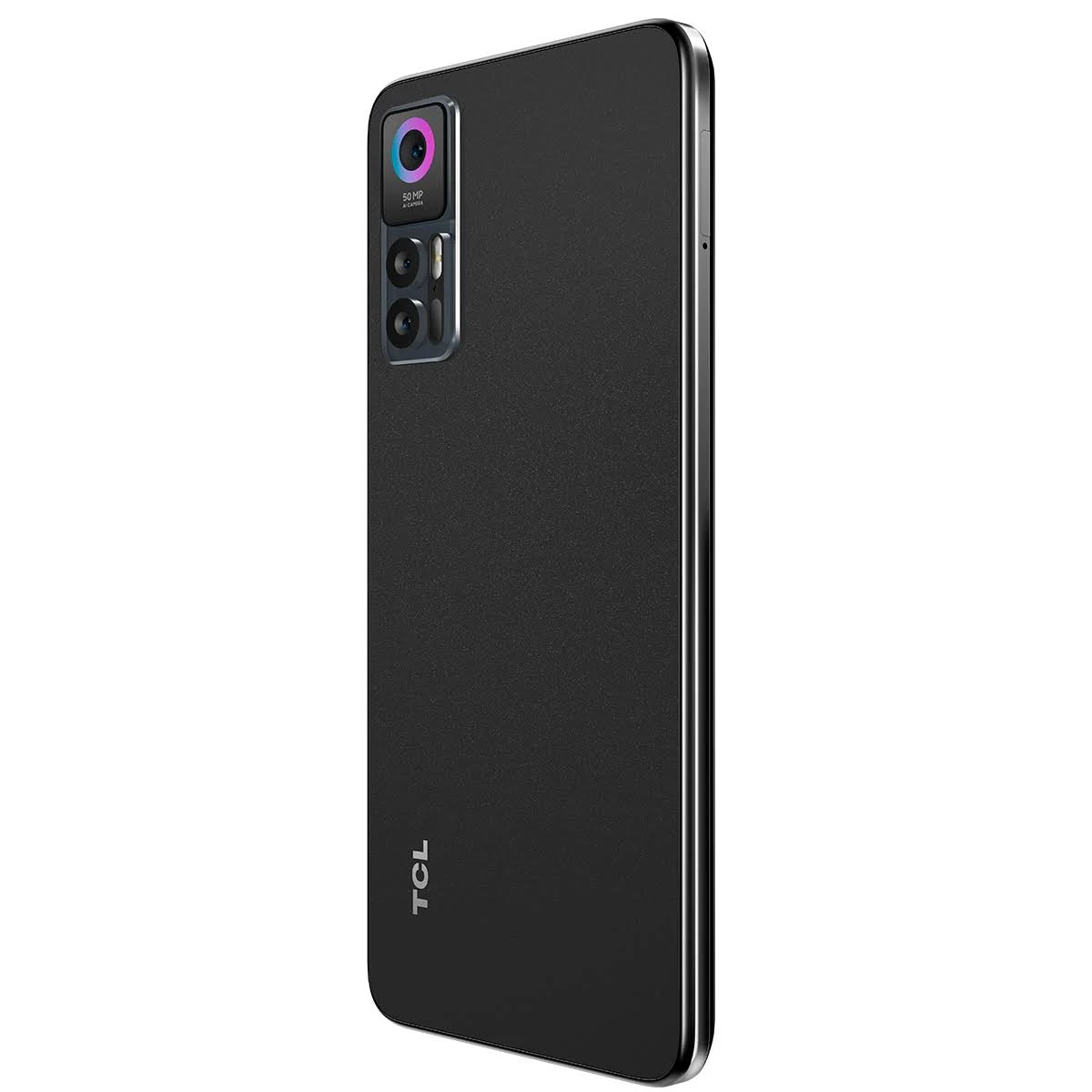 Tył czarnego smartfona z modułem aparatu i logo TCL.