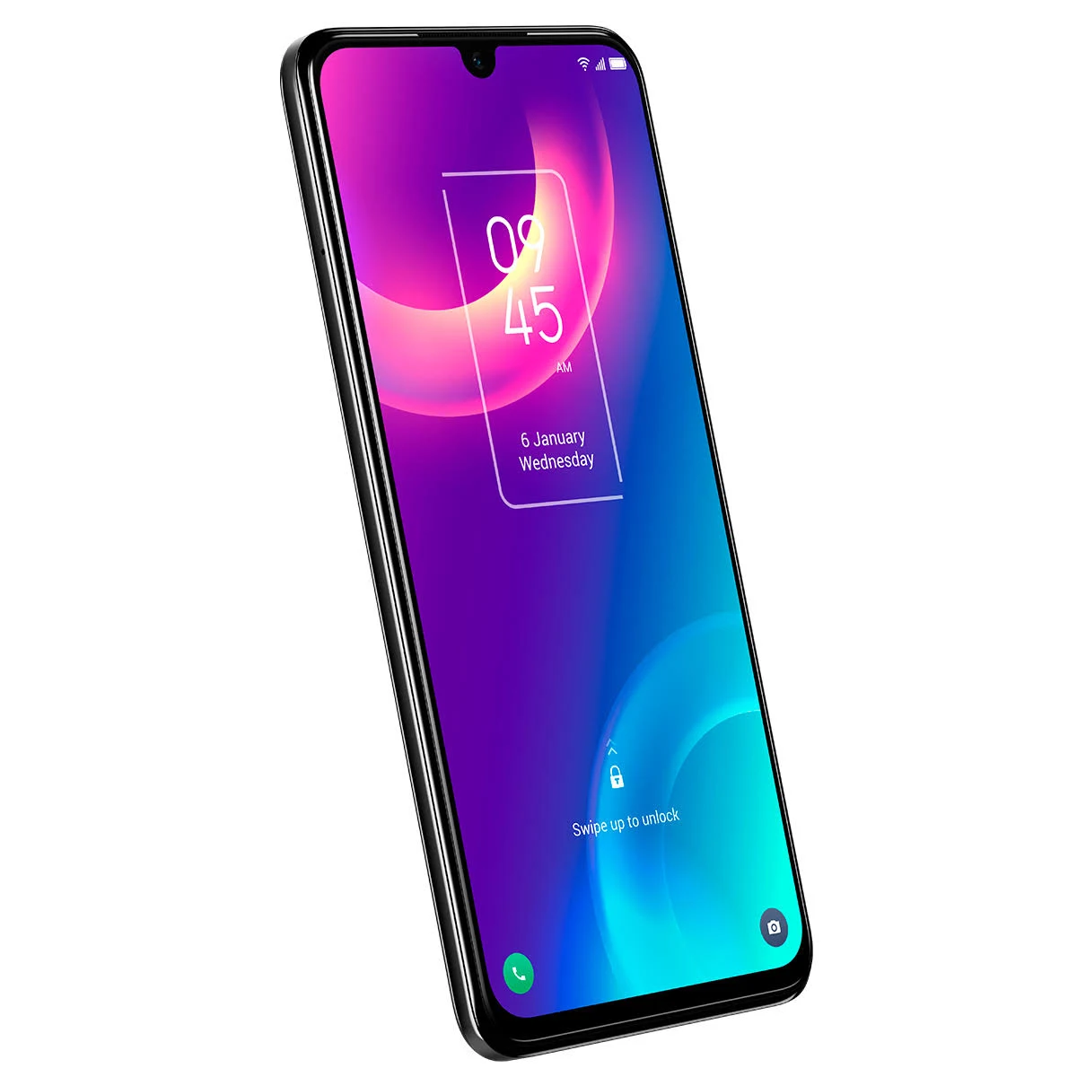 Smartfon z ekranem wyświetlającym godzinę, datę i ikonę kłódki. Fioletowy i niebieski gradient.