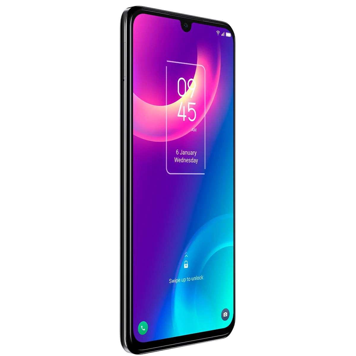 Czarny smartfon jest pokazany z włączonym ekranem, pokazującym ekran blokady z godziną i datą.