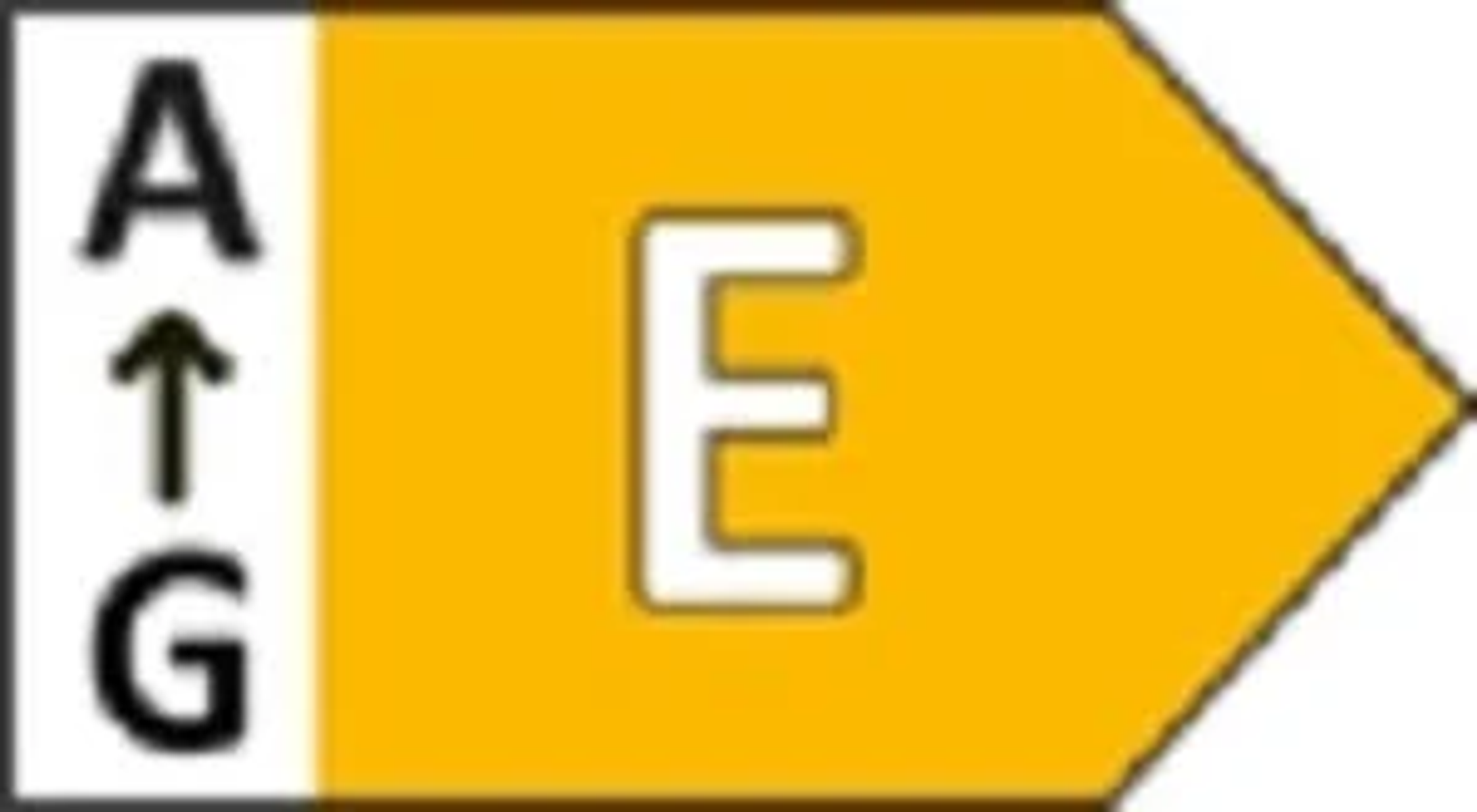 Etichetta di efficienza energetica con freccia gialla sulla lettera E.