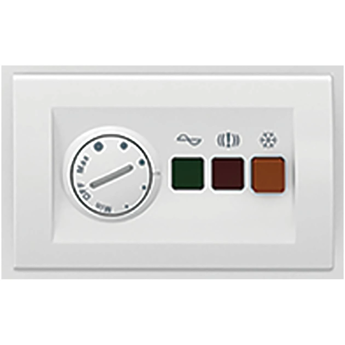 Panel de control blanco con botones y un dial.