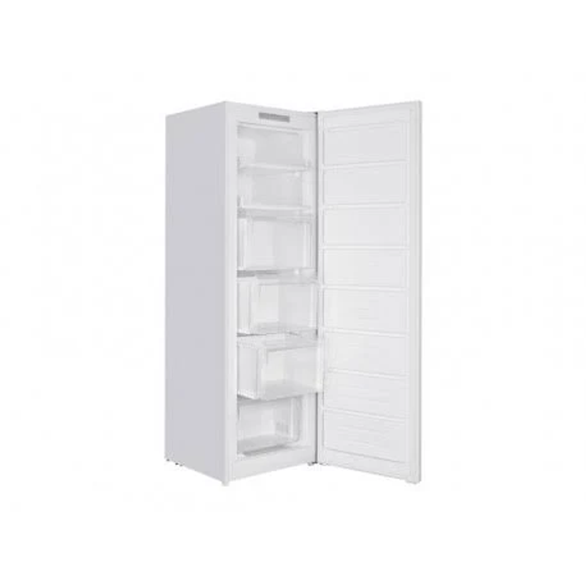 Congelador blanco, puerta abierta, mostrando cajones transparentes. Fondo blanco.