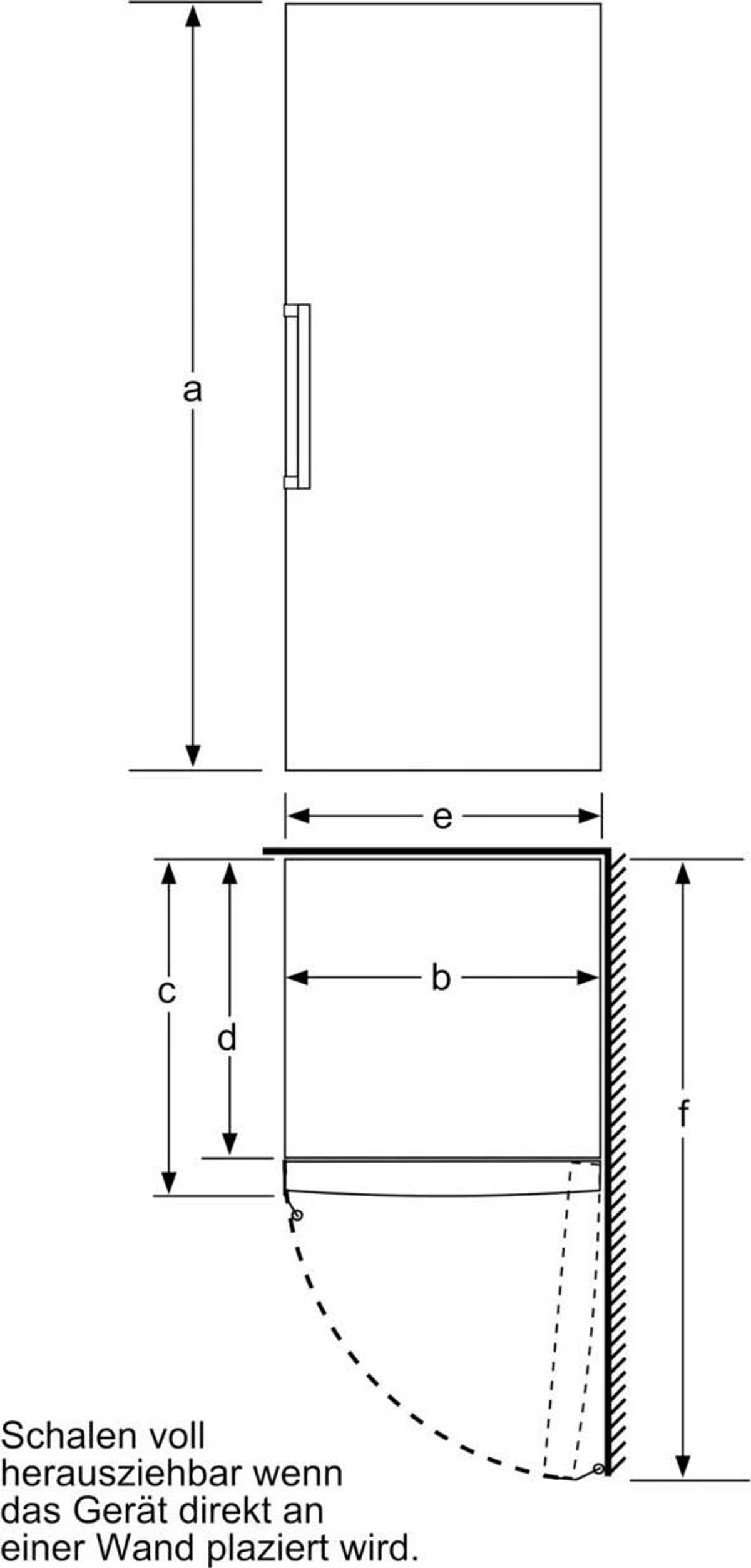 Schemat lodówki z oznaczonymi wymiarami.