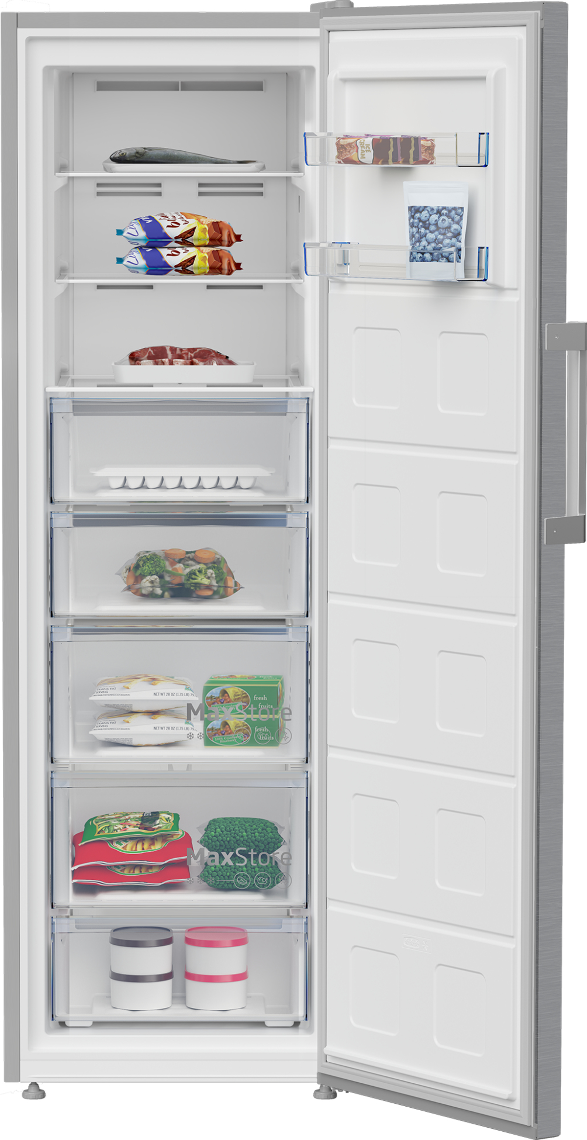 Un refrigerador abierto con varios alimentos organizados adentro.