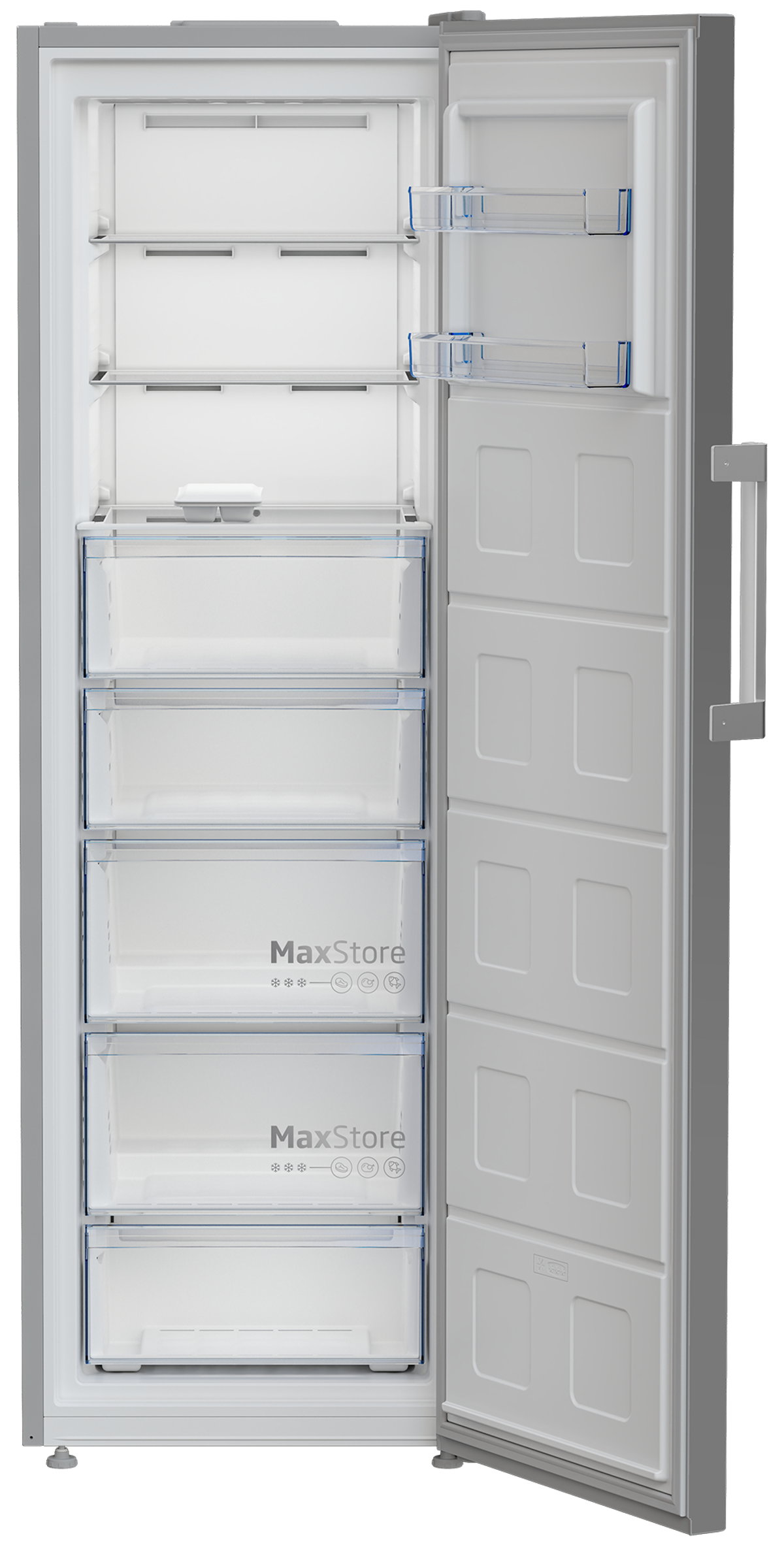 Refrigerador blanco alto abierto, mostrando estantes, cajones y el interior.