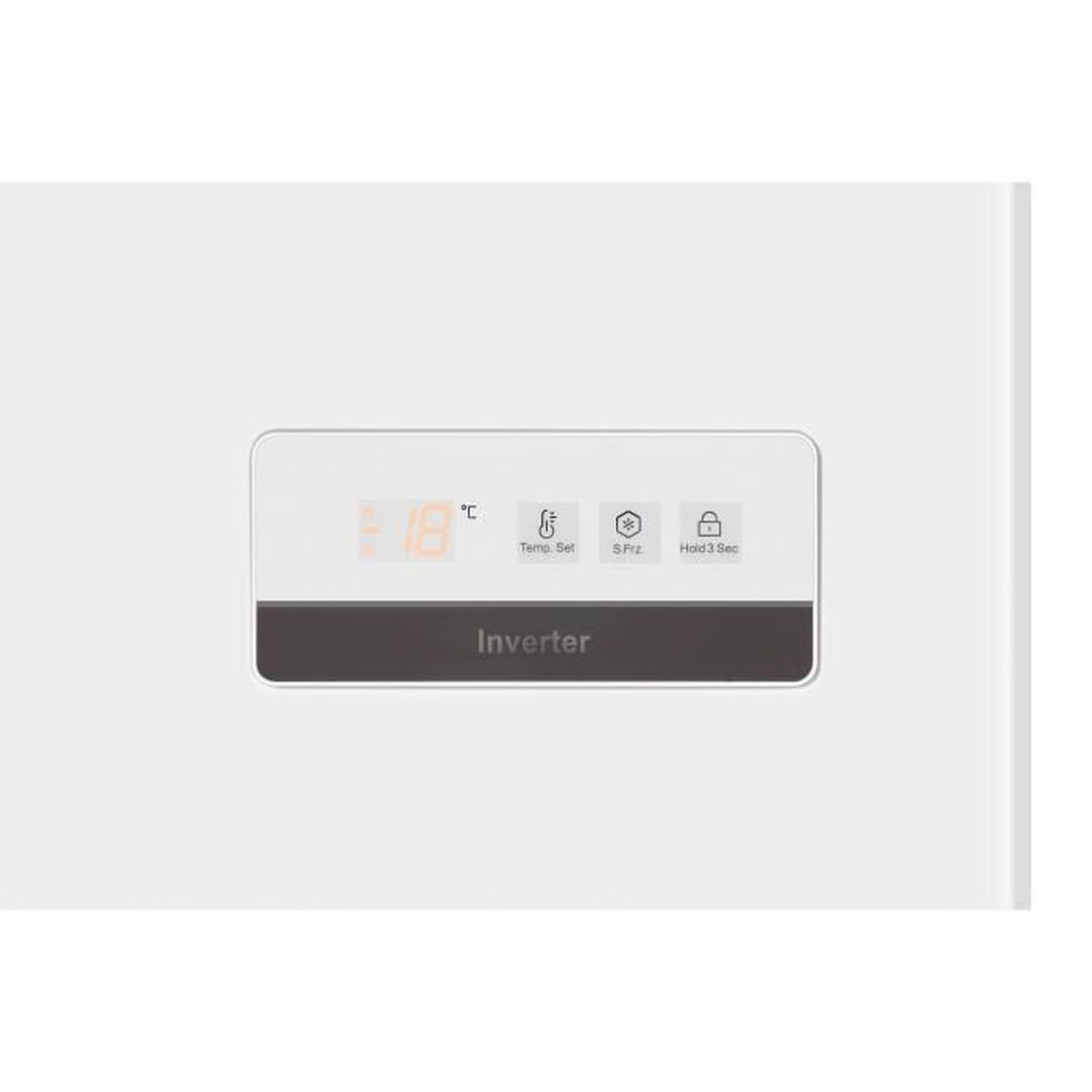 Primo piano di un pannello bianco con display digitale '18' e icone sotto, etichettato 'Inverter'.