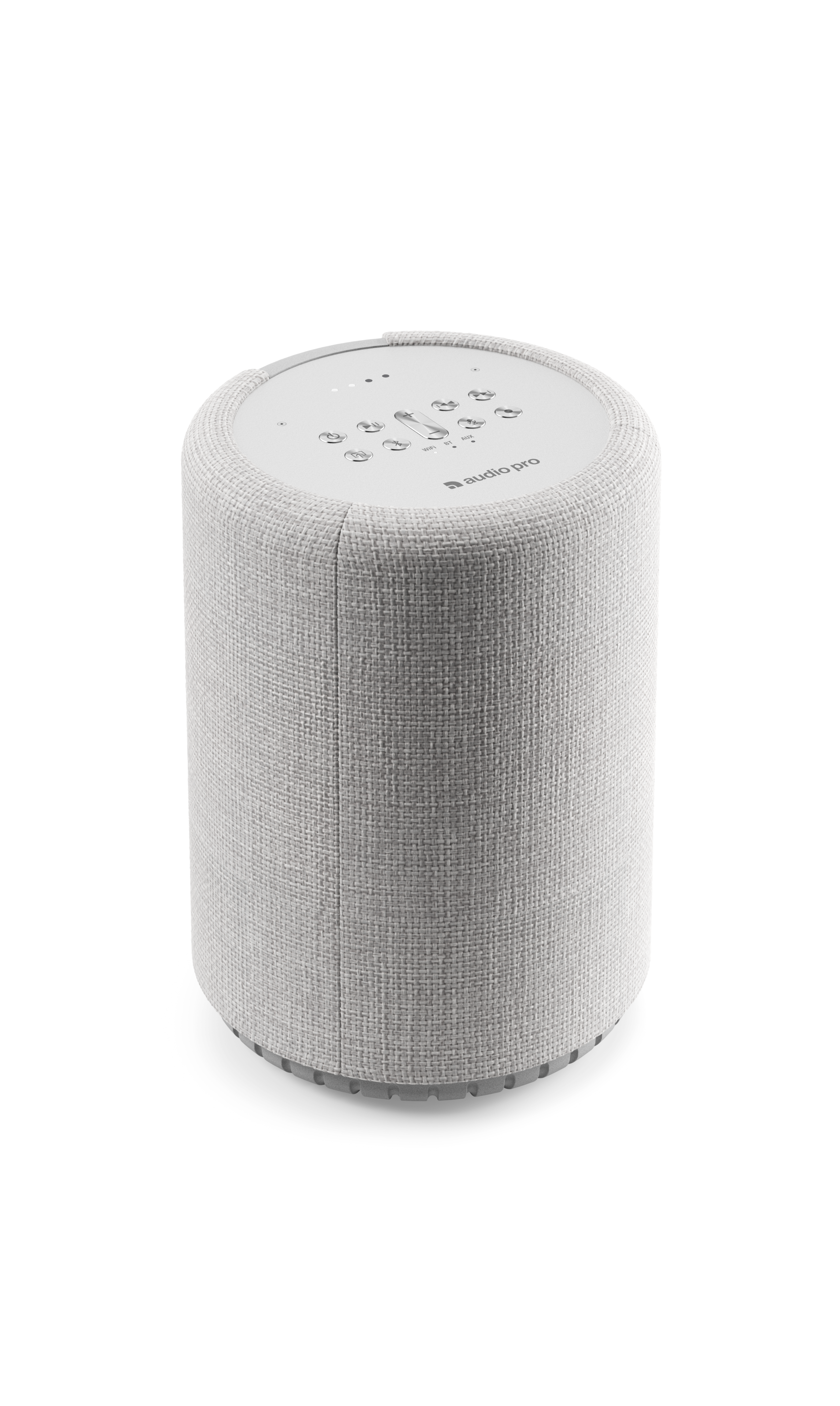 Szary głośnik cylindryczny z przyciskami na górze. Marka Audio Pro.