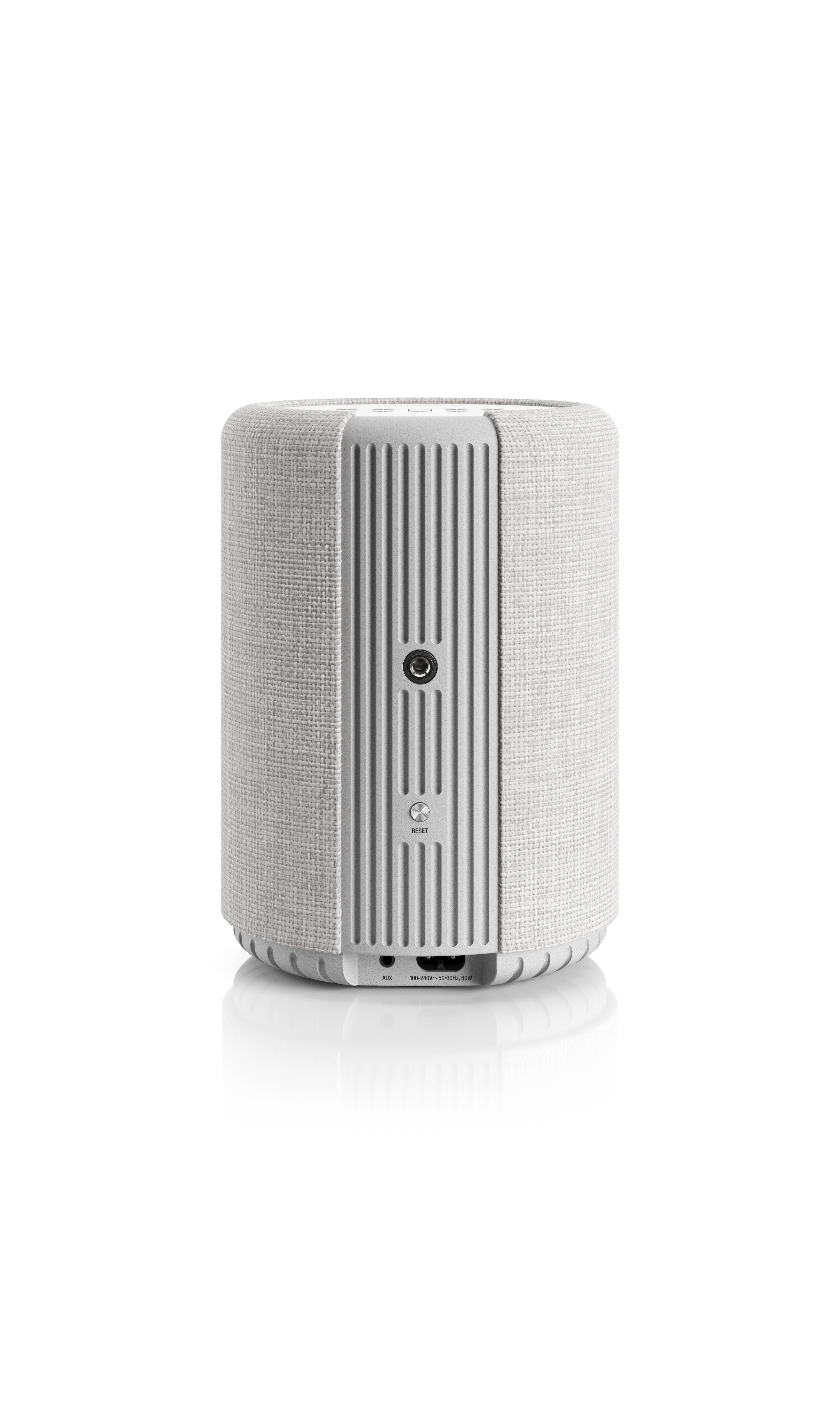 Szary głośnik cylindryczny. Posiada porty wejściowe i markę Audio Pro.