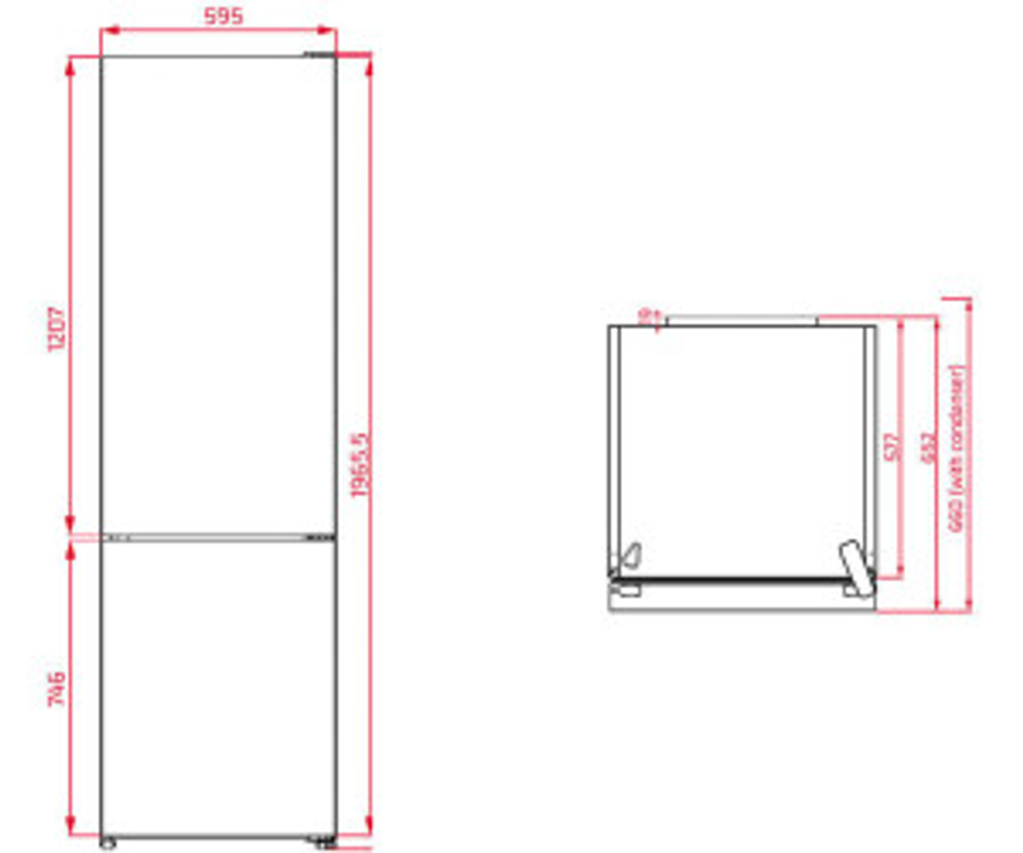 Un dibujo técnico que muestra las dimensiones de un refrigerador con medidas en milímetros para altura, anchura y profundidad.