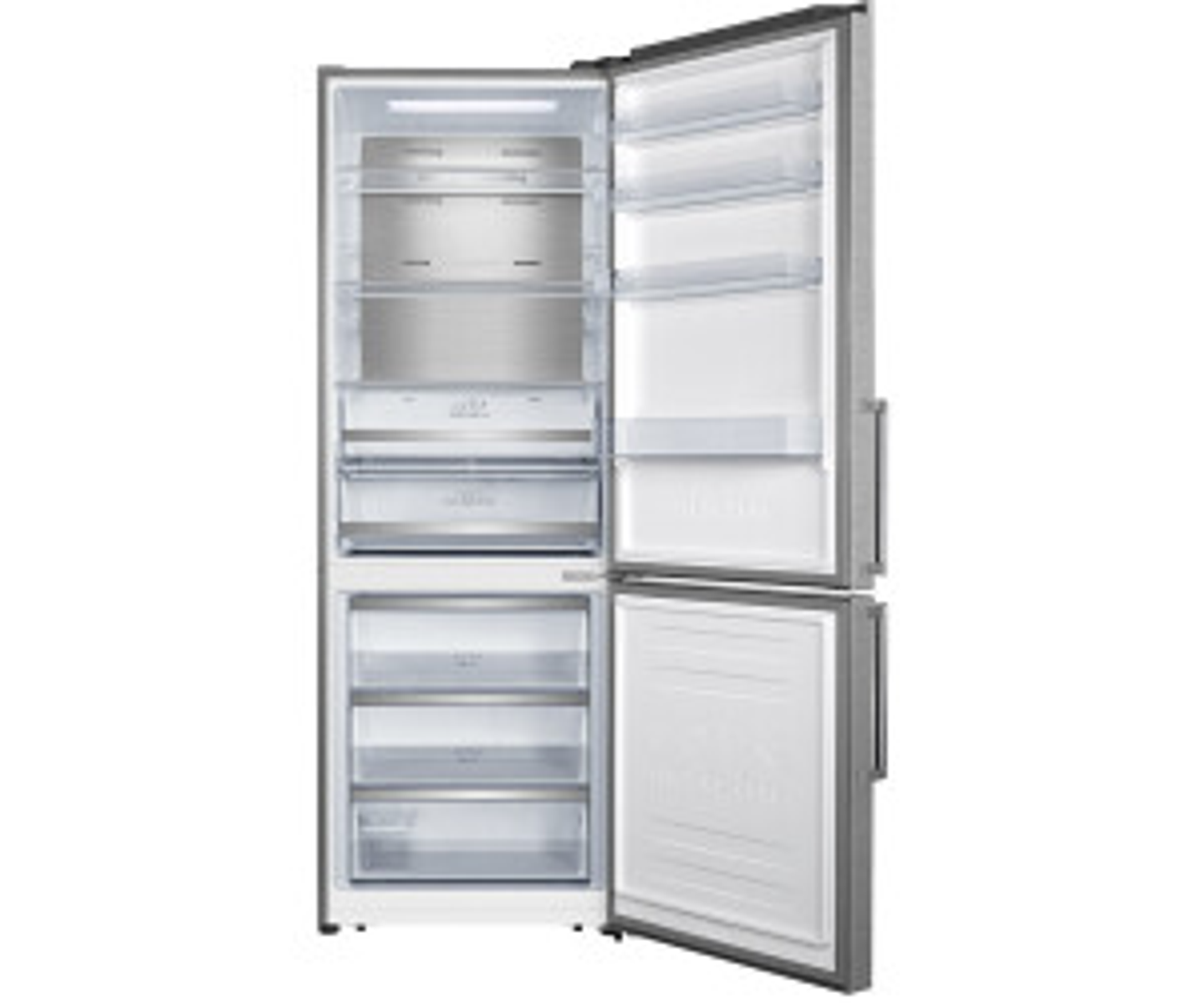Un refrigerador abierto con estantes y cajones, mostrando su distribución interna.