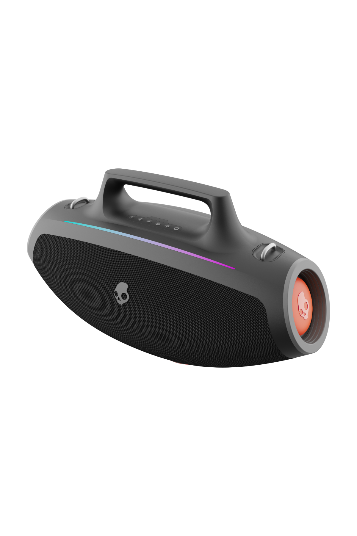 Altavoz Skullcandy negro con detalles naranjas y asa. De forma ovalada.