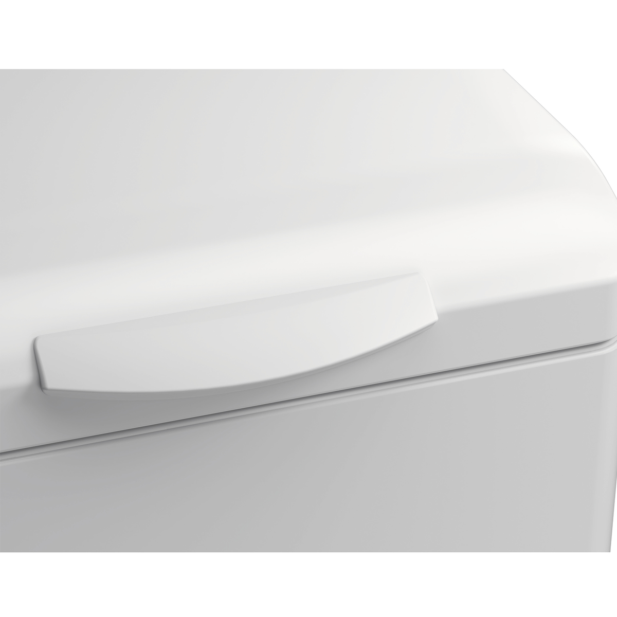 Elettrodomestico bianco, superficie liscia. Maniglia curva in alto. Design moderno.