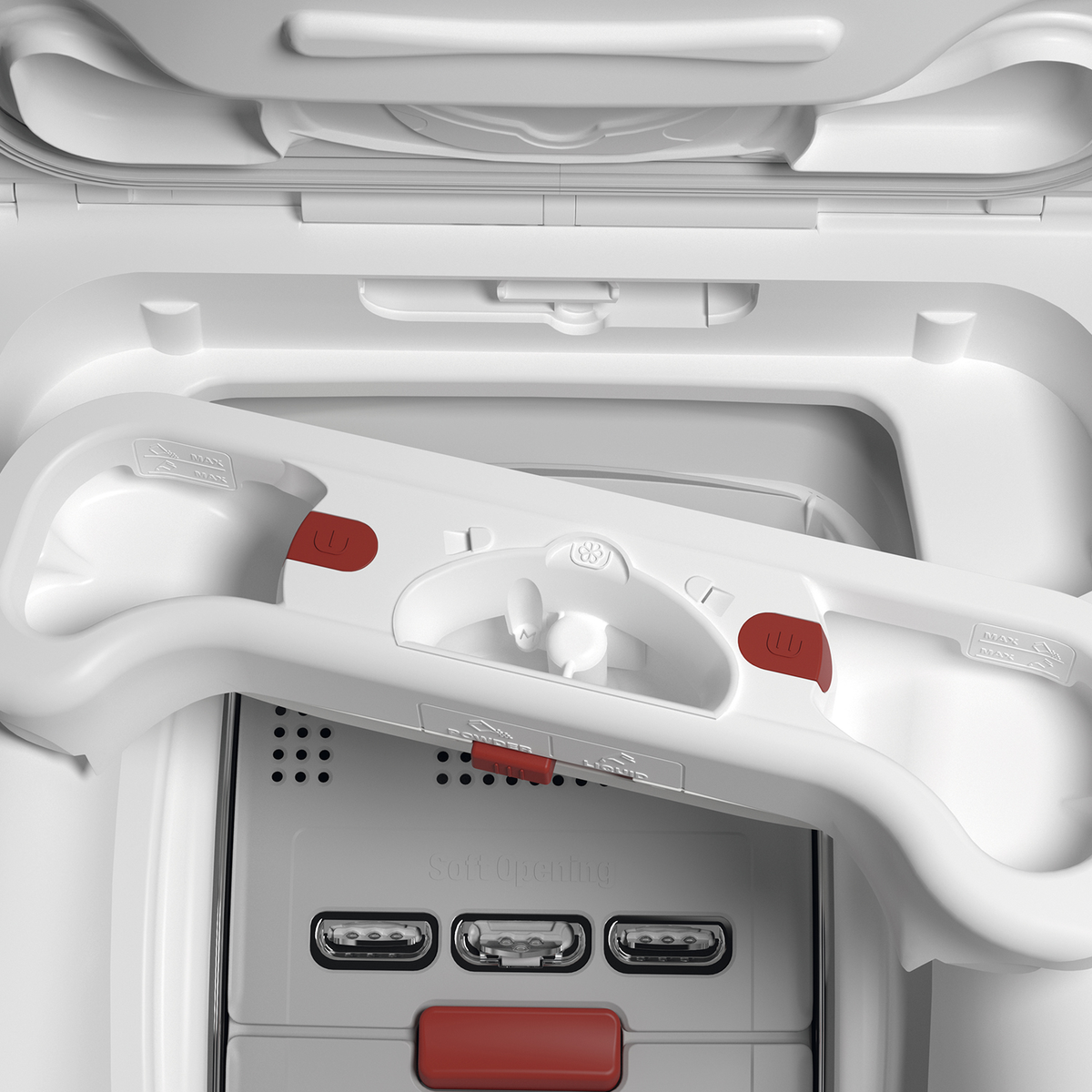 Console di gioco bianca con supporto per controller, pulsanti rossi.
