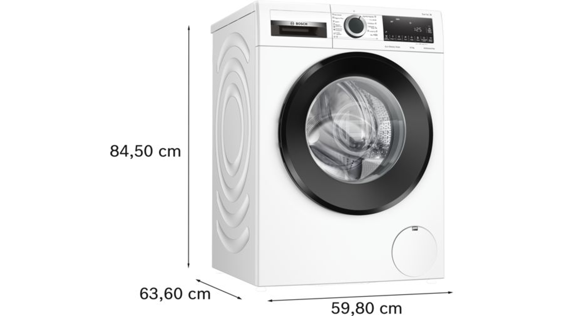 Lavadora Bosch blanca con medidas mostradas.