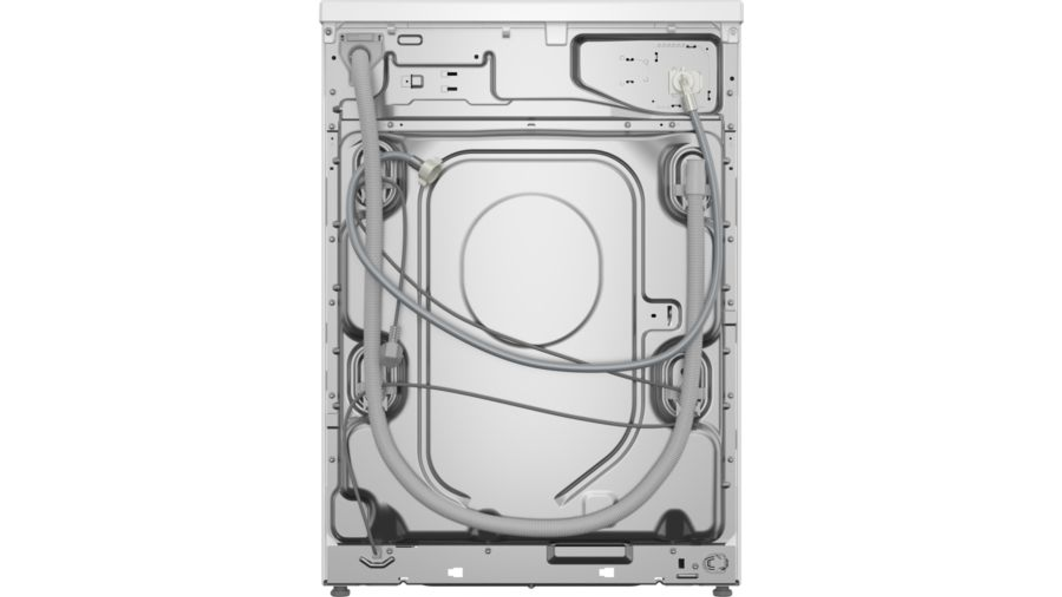 Vista trasera de una lavadora, con mangueras, un panel central de acceso y varios componentes internos.