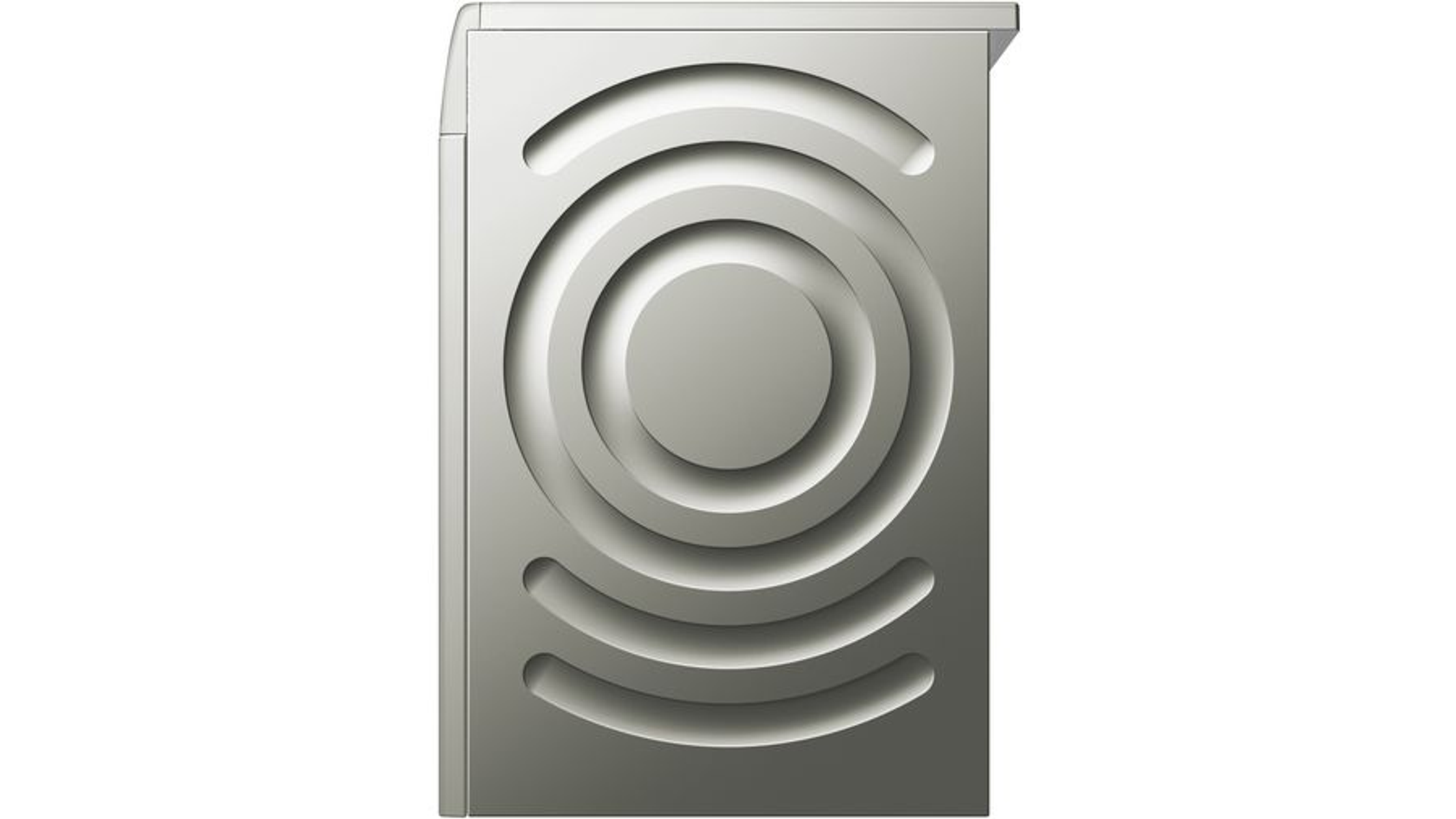 Srebrny metalowy panel ze współśrodkowymi okręgami i półkolistymi liniami. Panel znajduje się na białym tle.