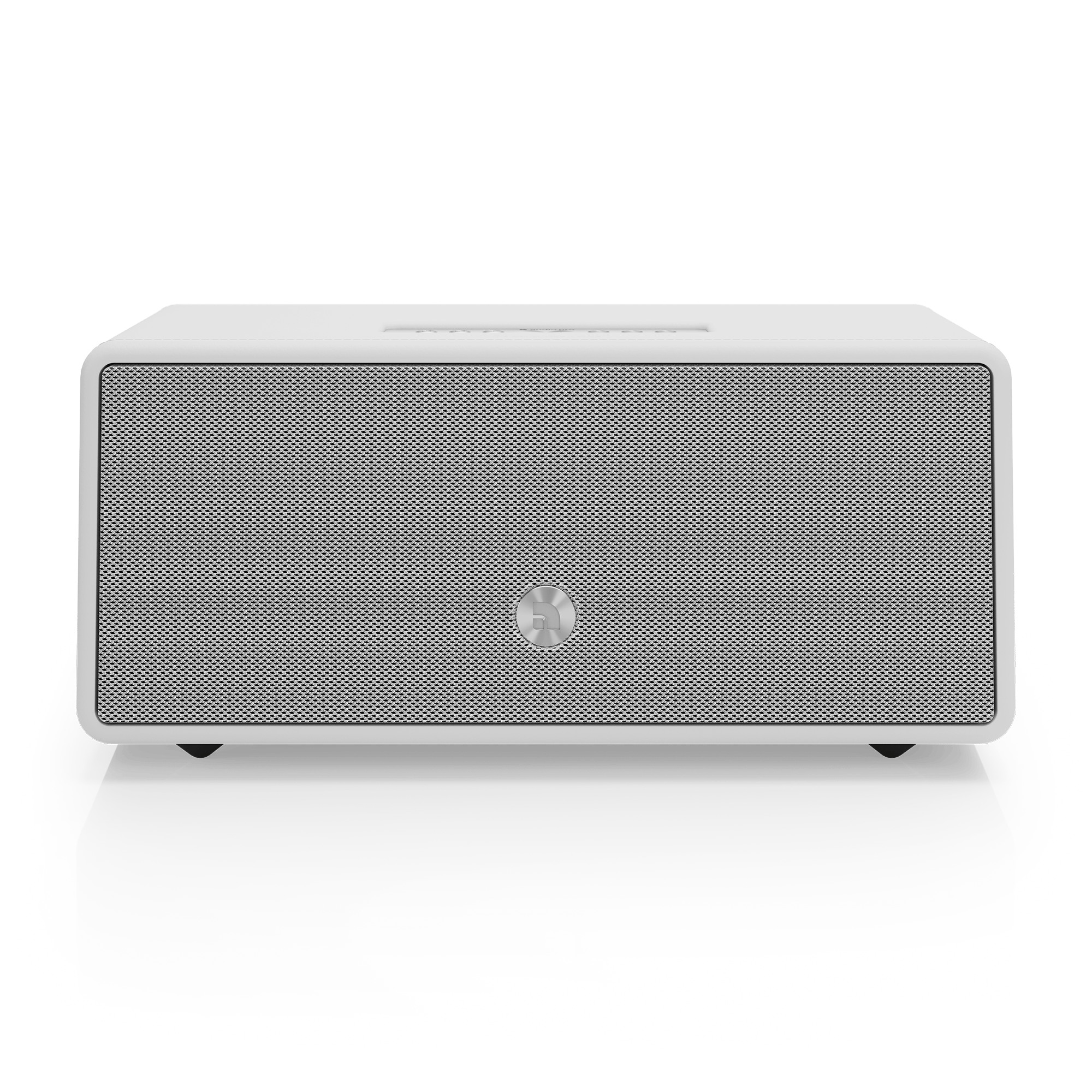 White rectangular speaker with a silver grill on a black background.