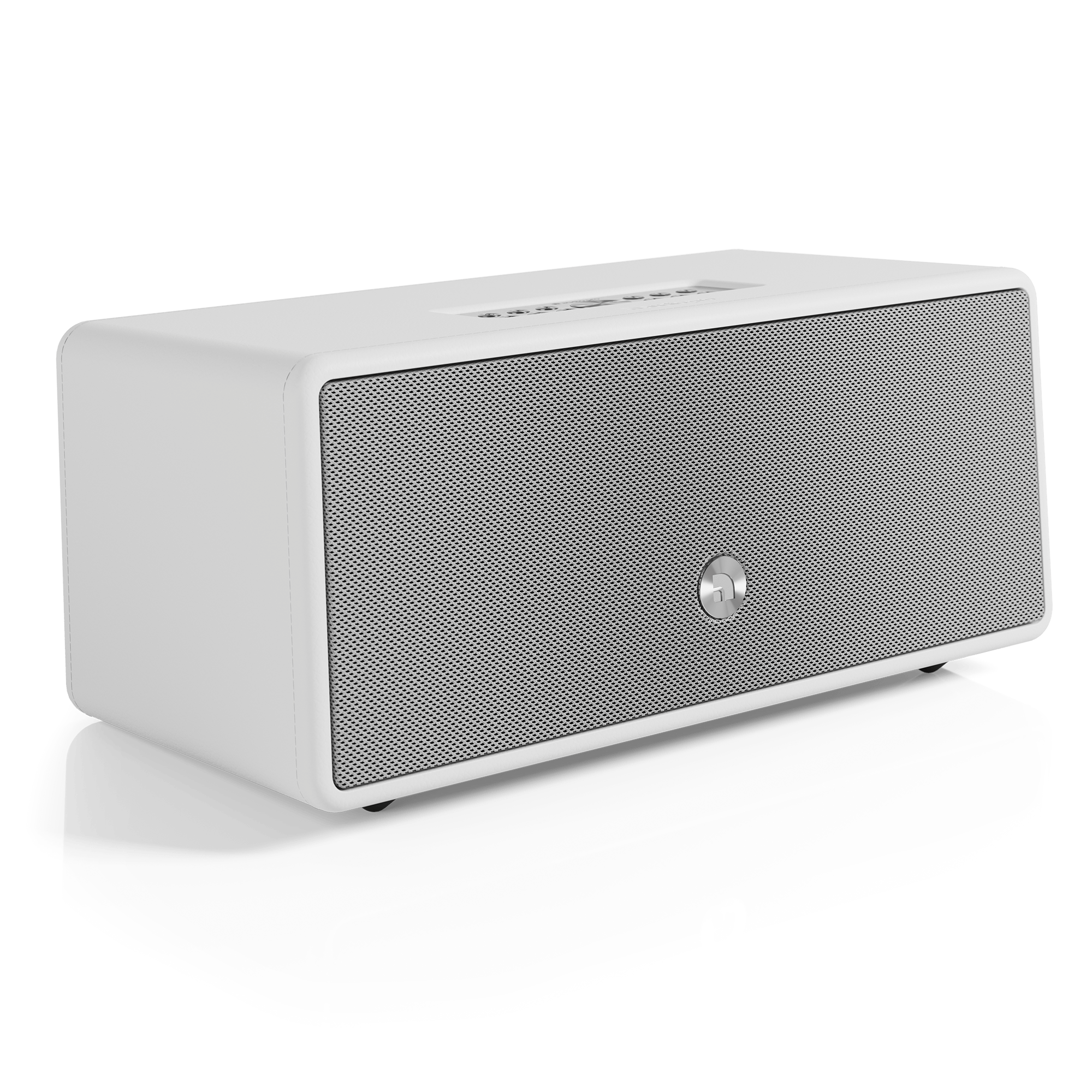 A white speaker with a silver mesh front and a white body with a small logo on the front.