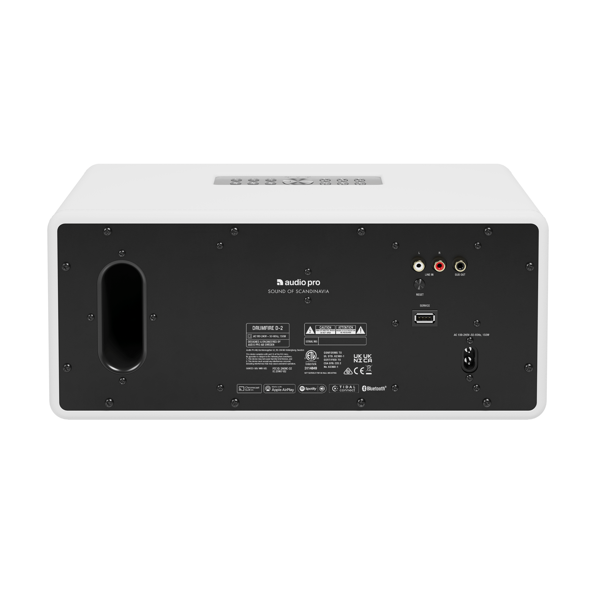 White audio pro speaker, rear view. Black ports and labels. Black background.