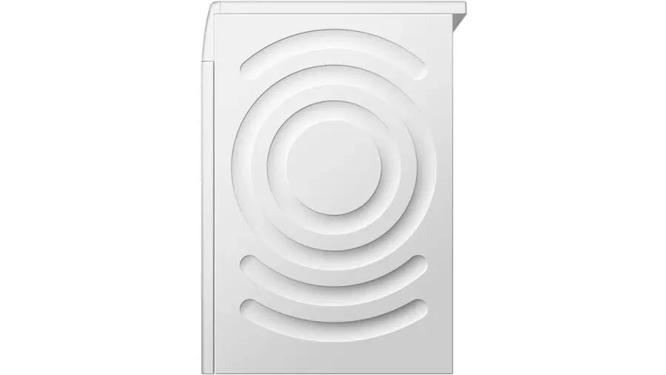Eine weiße Waschmaschinenrückwand. Sie hat konzentrische kreisförmige Designelemente.