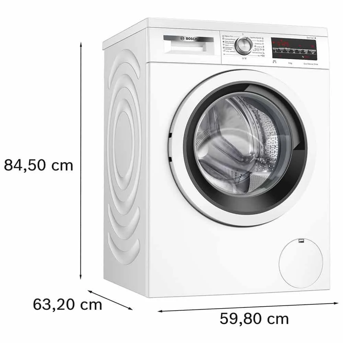 Weiße Waschmaschine mit Maßen: 84,50 cm Höhe, 63,20 cm Breite, 59,80 cm Tiefe.