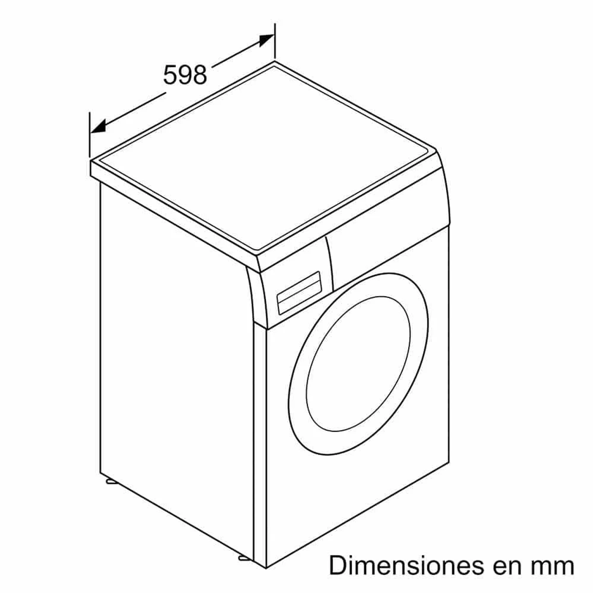 Strichzeichnung einer Waschmaschine mit den Maßen 598 mm.