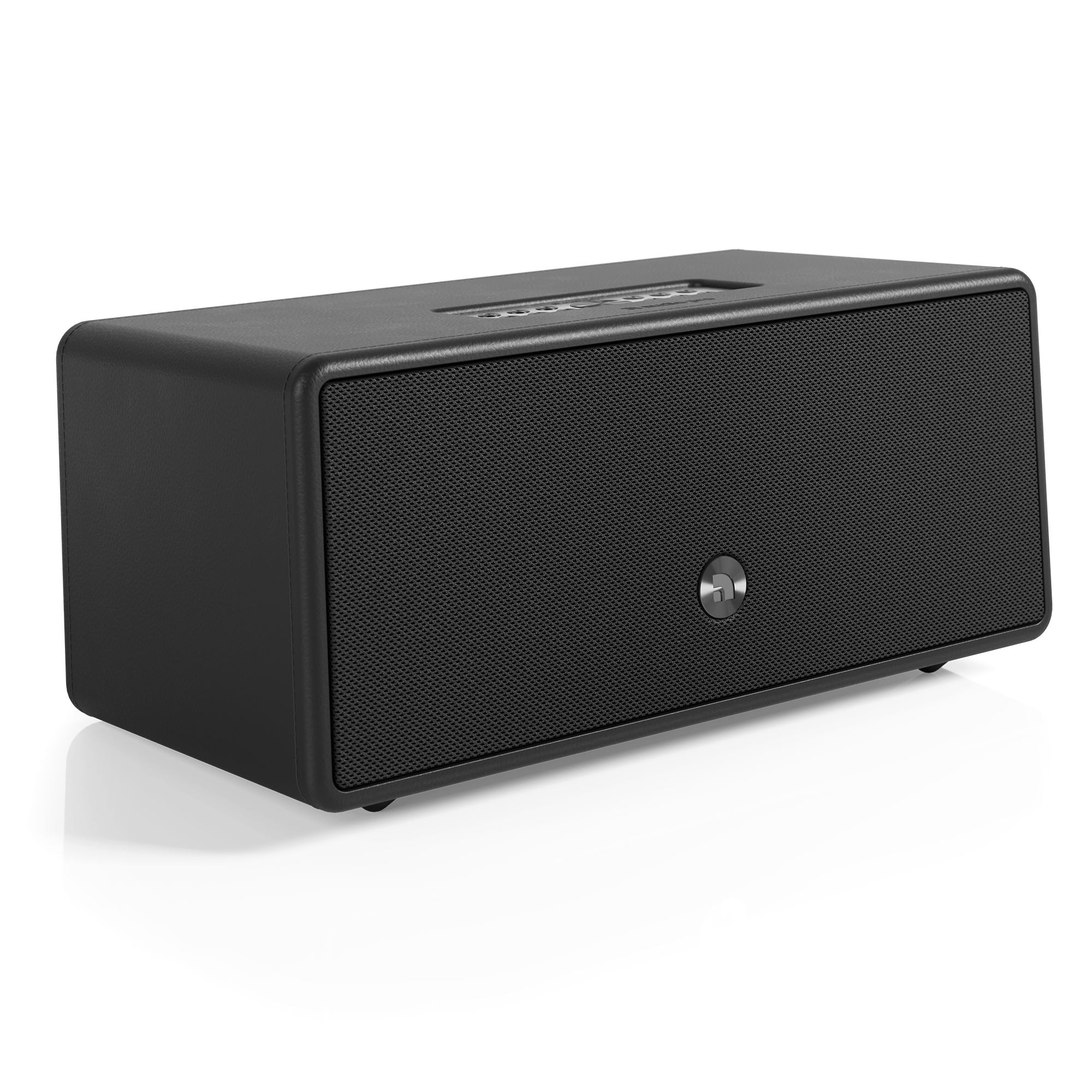 Black rectangular speaker with a mesh front, logo in the center.