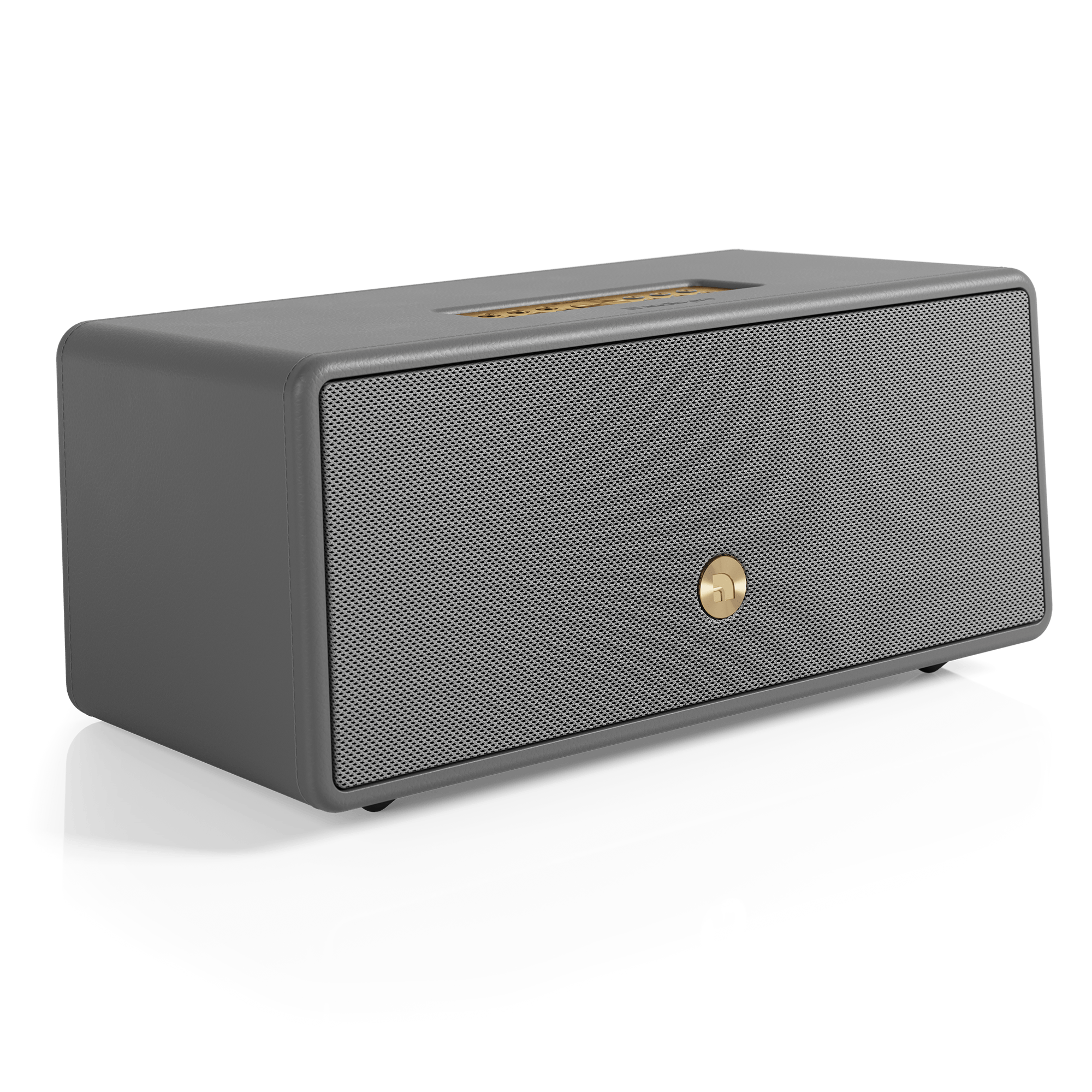 Gray speaker with a mesh front, gold accents, and a black background. Rectangular shape.