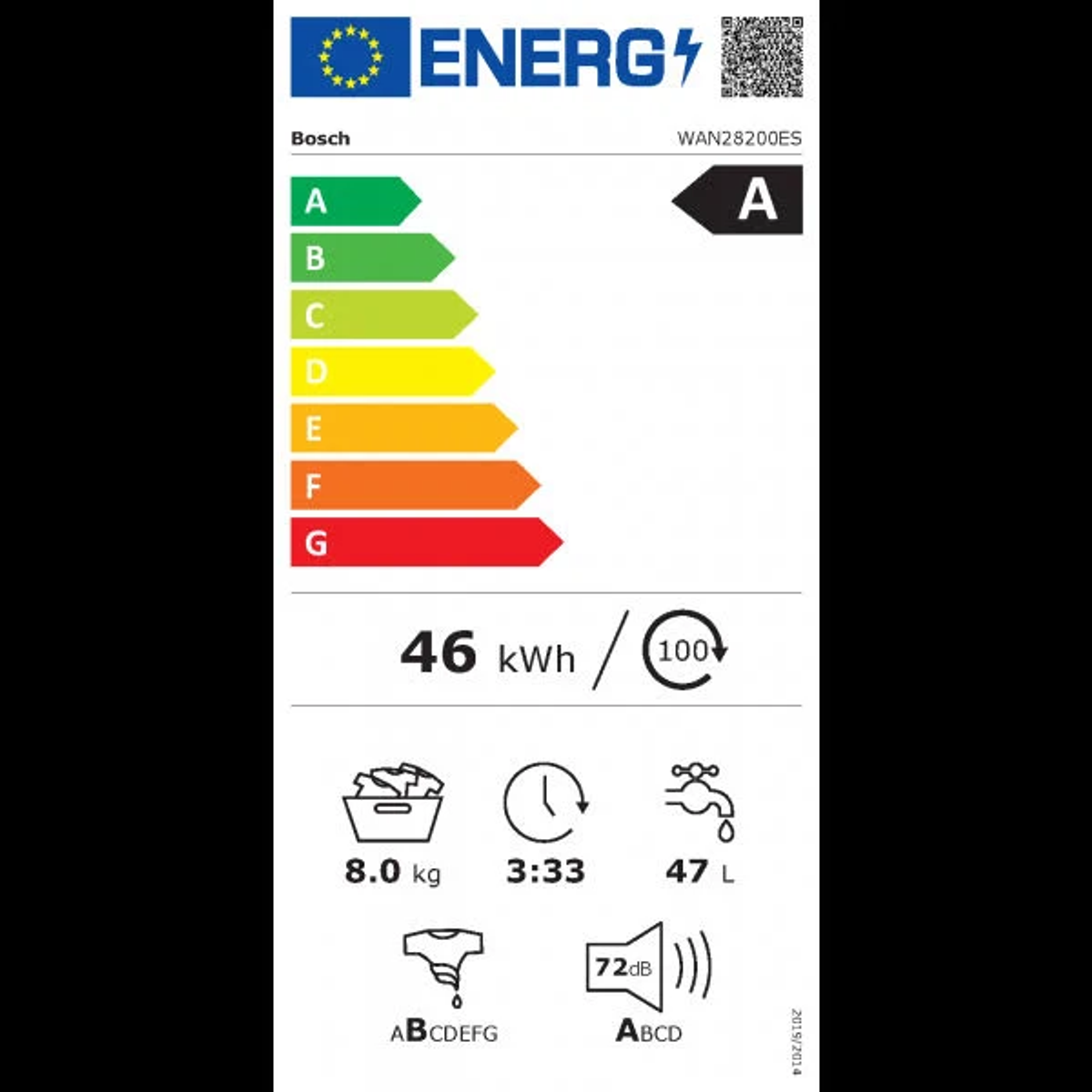 Energielabel für eine Waschmaschine, das die Energieklasse A zeigt.