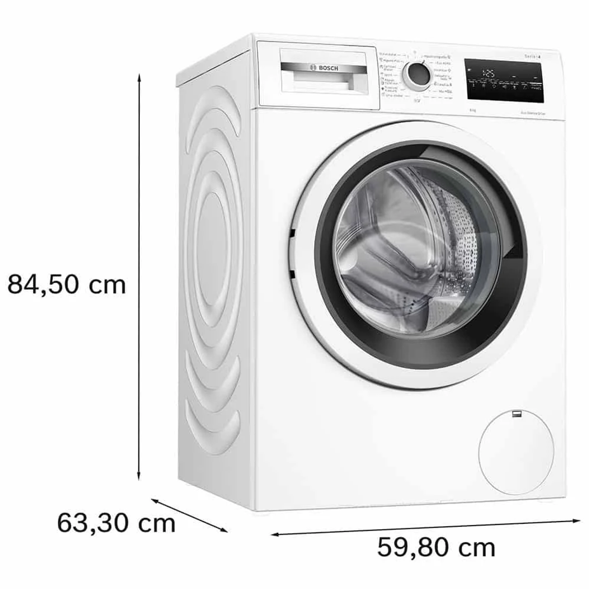 Weiße Waschmaschine, Seitenansicht, mit Abmessungen in cm, auf weißem Hintergrund stehend.