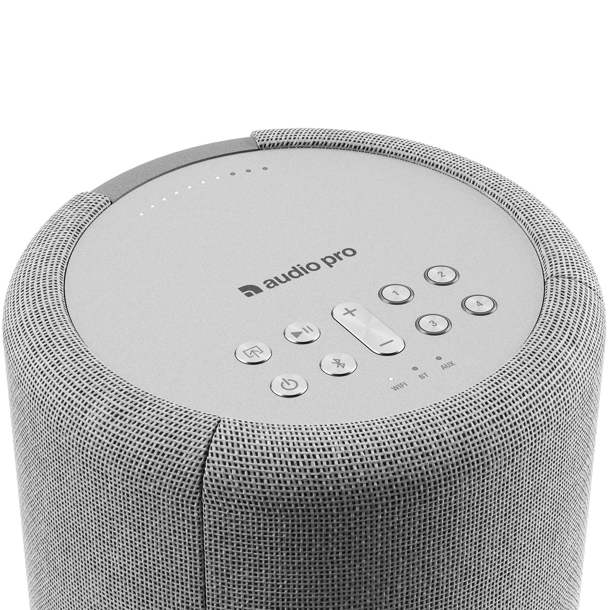 Bovenaanzicht van grijze speaker met knoppen en Audio Pro logo.