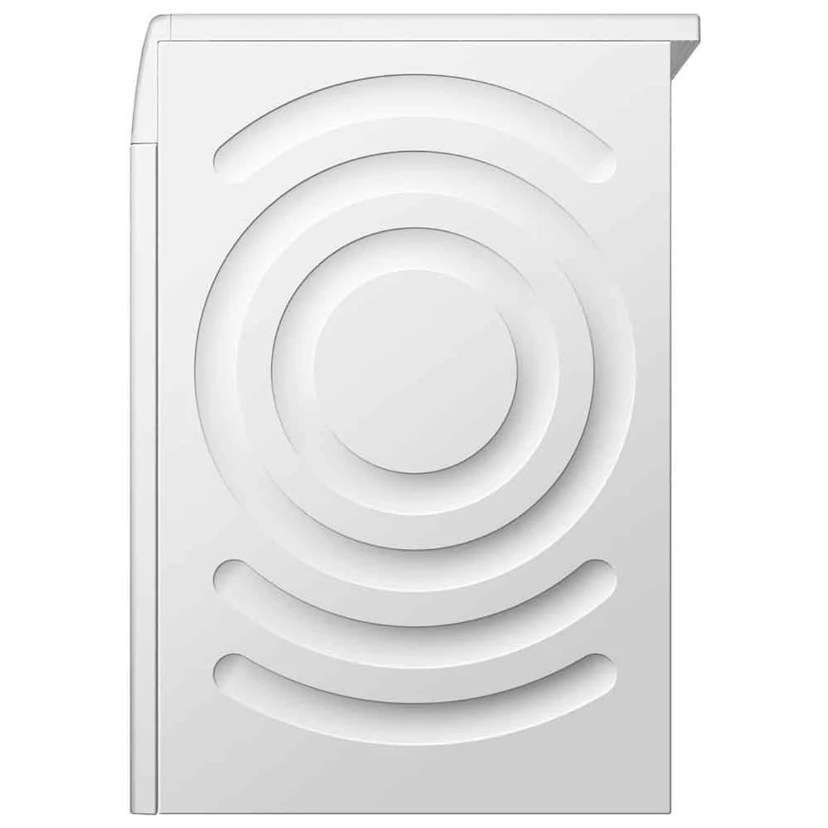 Weiße Waschmaschine. Die Vorderseite hat ein kreisförmiges Design mit geschwungenen Linien und eine runde Tür.