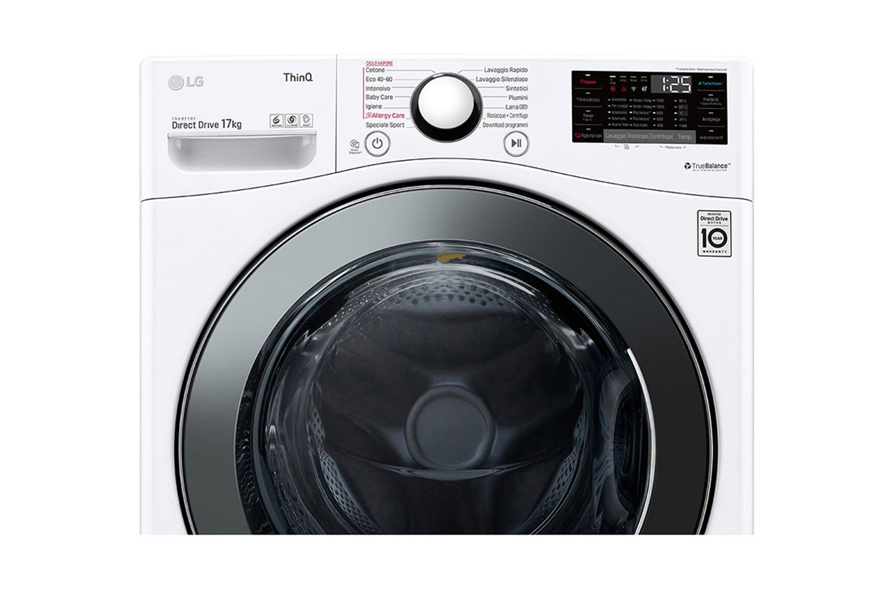 Una lavadora LG blanca con puerta y panel de control negros.