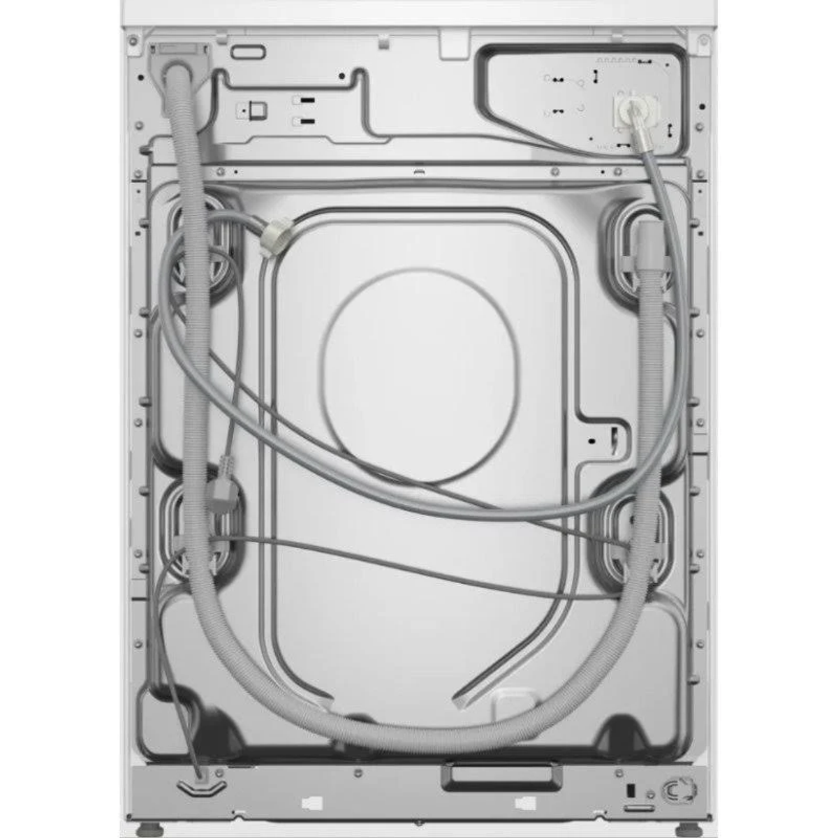 Tył białej pralki z wężami i komponentami.