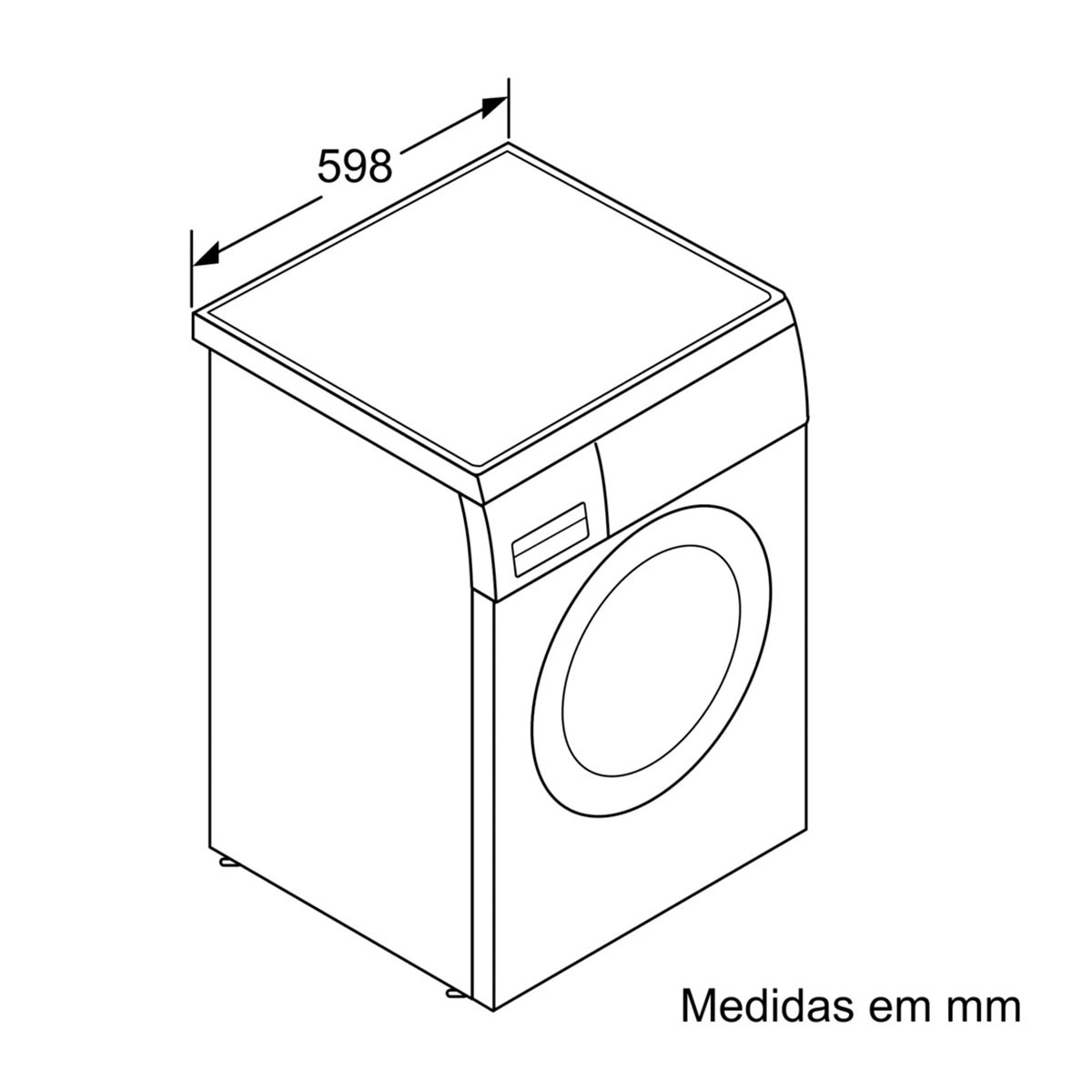 Lavadora blanca, vista superior con dimensiones en mm, contorno negro.