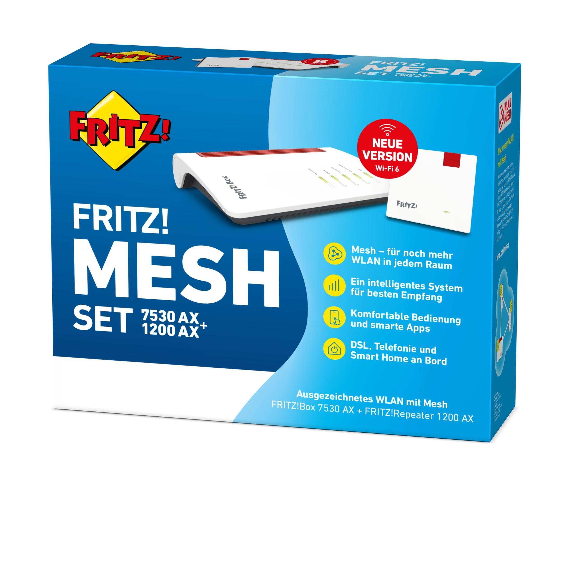 Schachtel eines Mesh-Sets mit einem weißen Router und einem roten Wi-Fi 6 Logo.