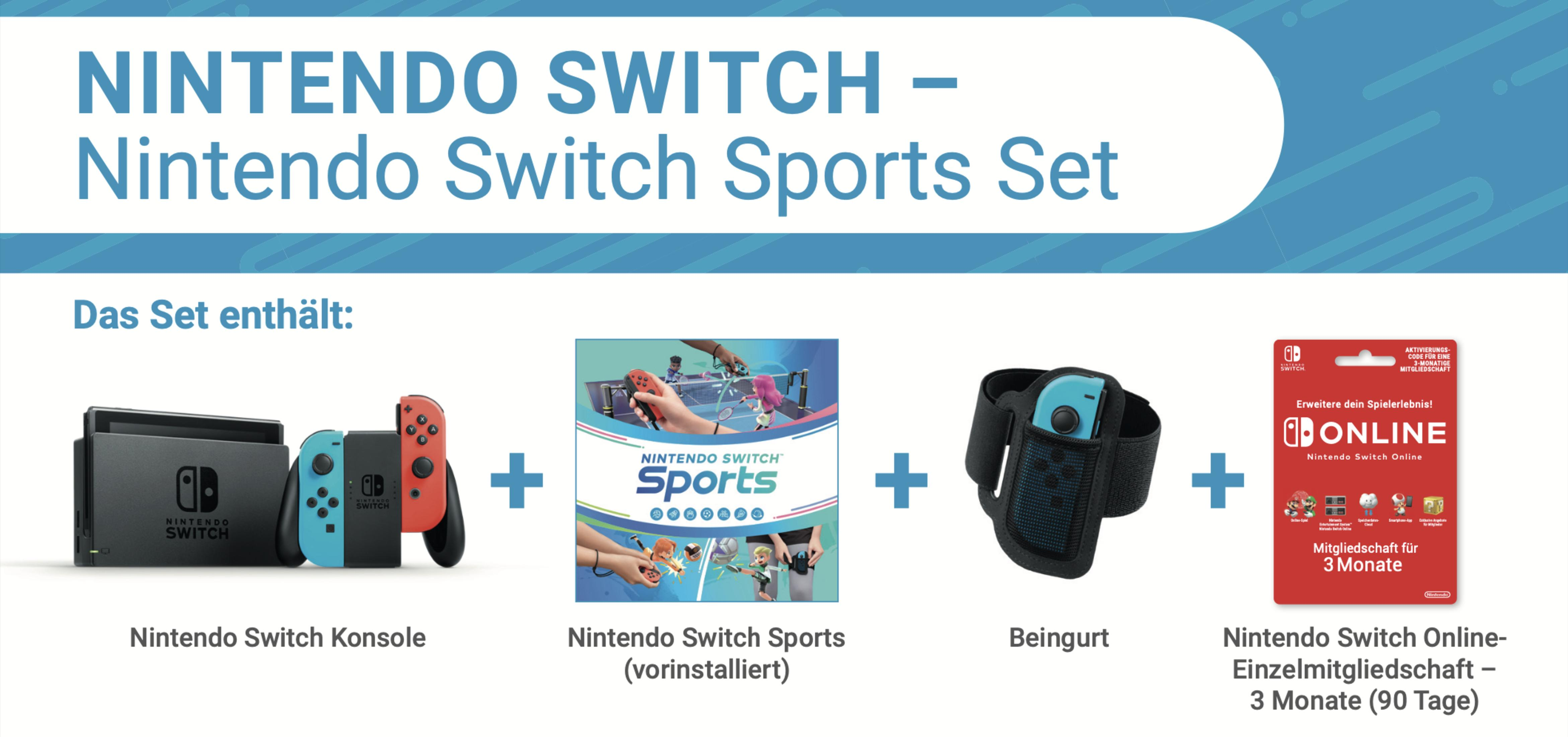 Nintendo Switch Sports Set: Konsole, Joy-Cons, Sportspiel, Beingurt und Nintendo Switch Online-Mitgliedskarte.