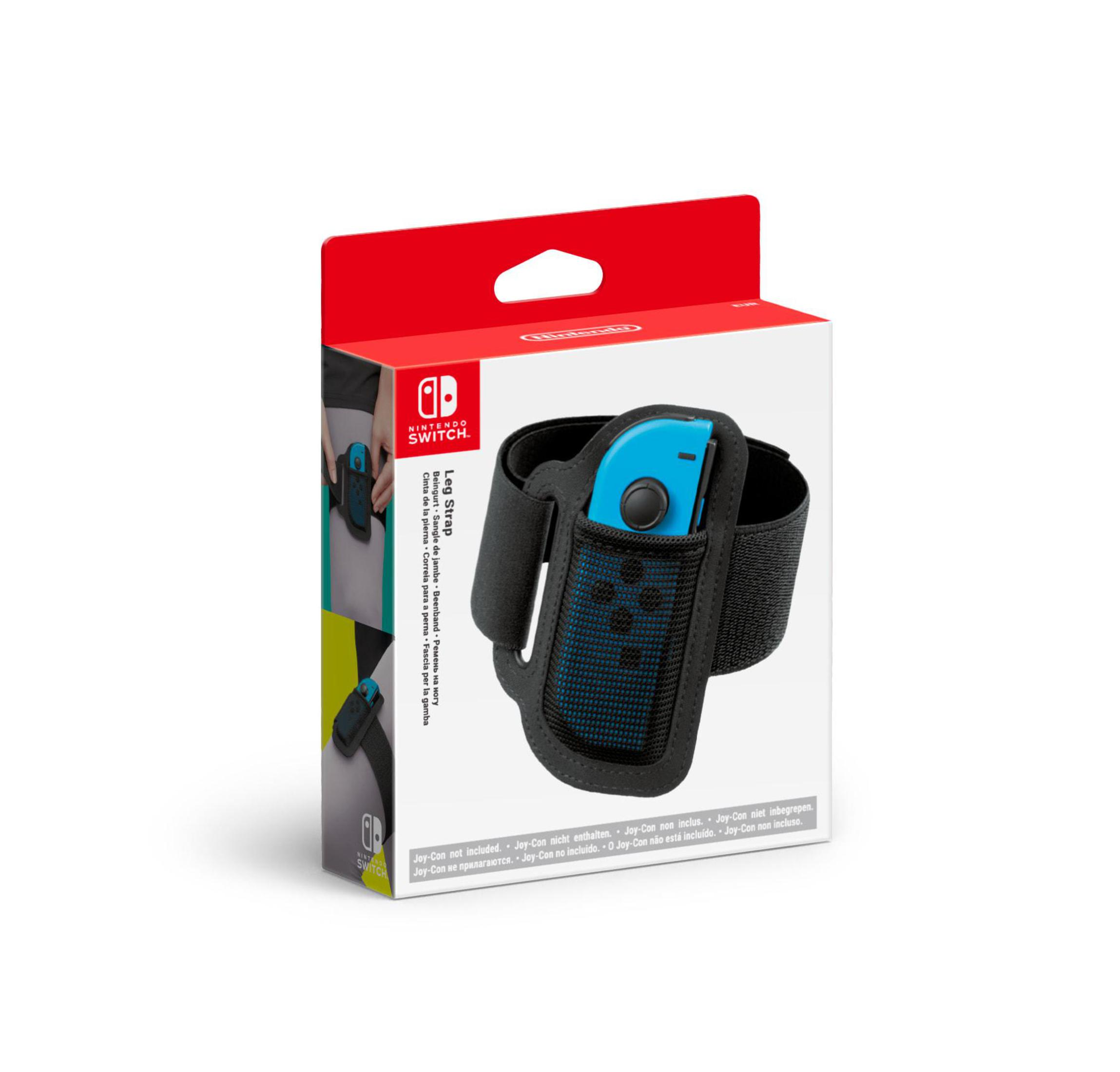 Nintendo Switch Beinriemen-Box mit blauem Joy-Con und Riemen auf der Verpackung.