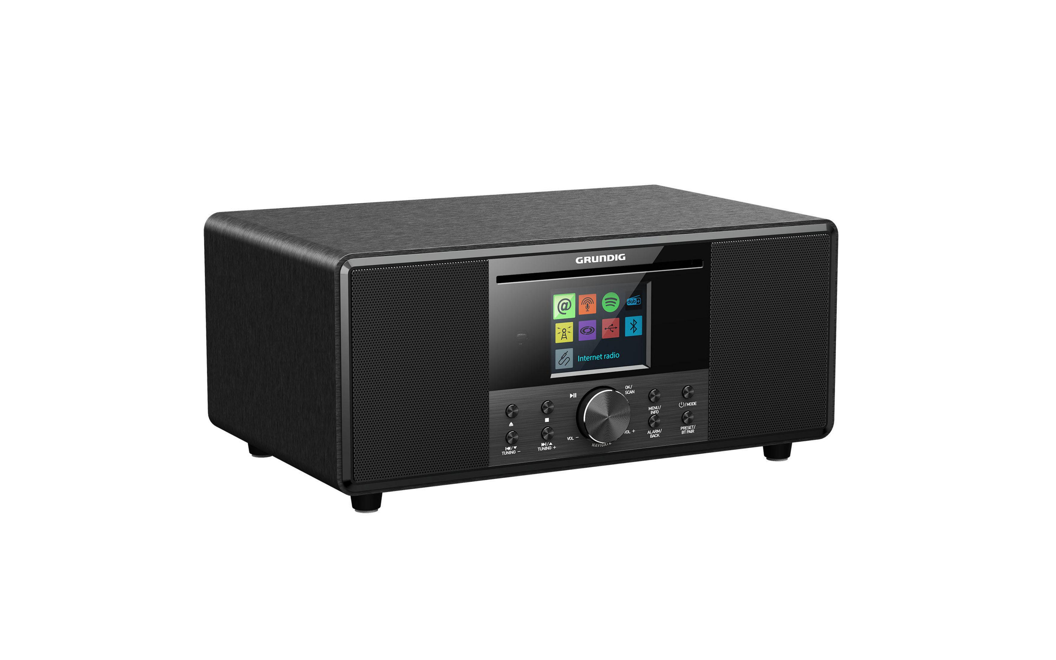 Radio por internet Grundig negro, con pantalla y botones de control.