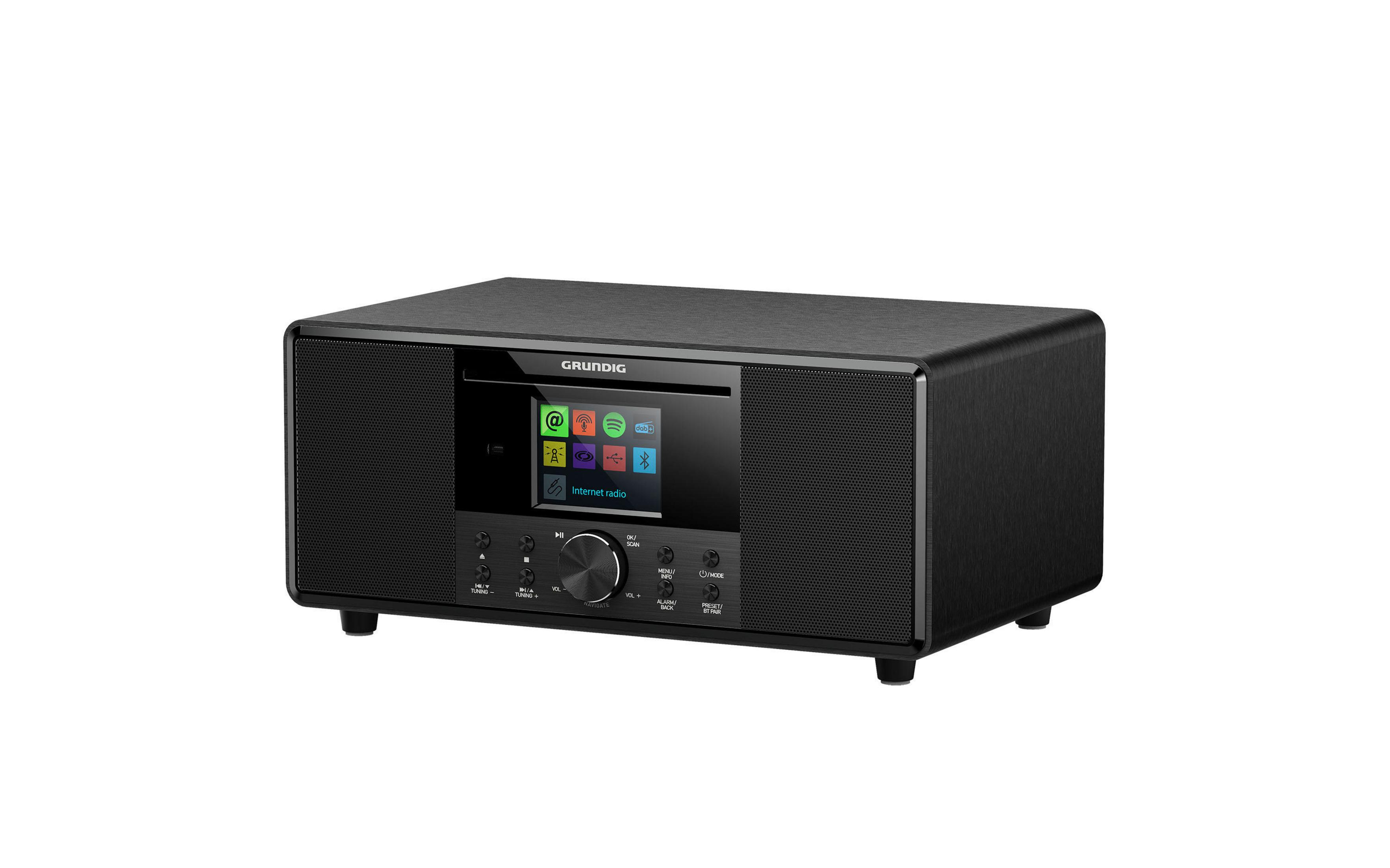 Una radio por Internet Grundig negra con pantalla y varios botones de control.