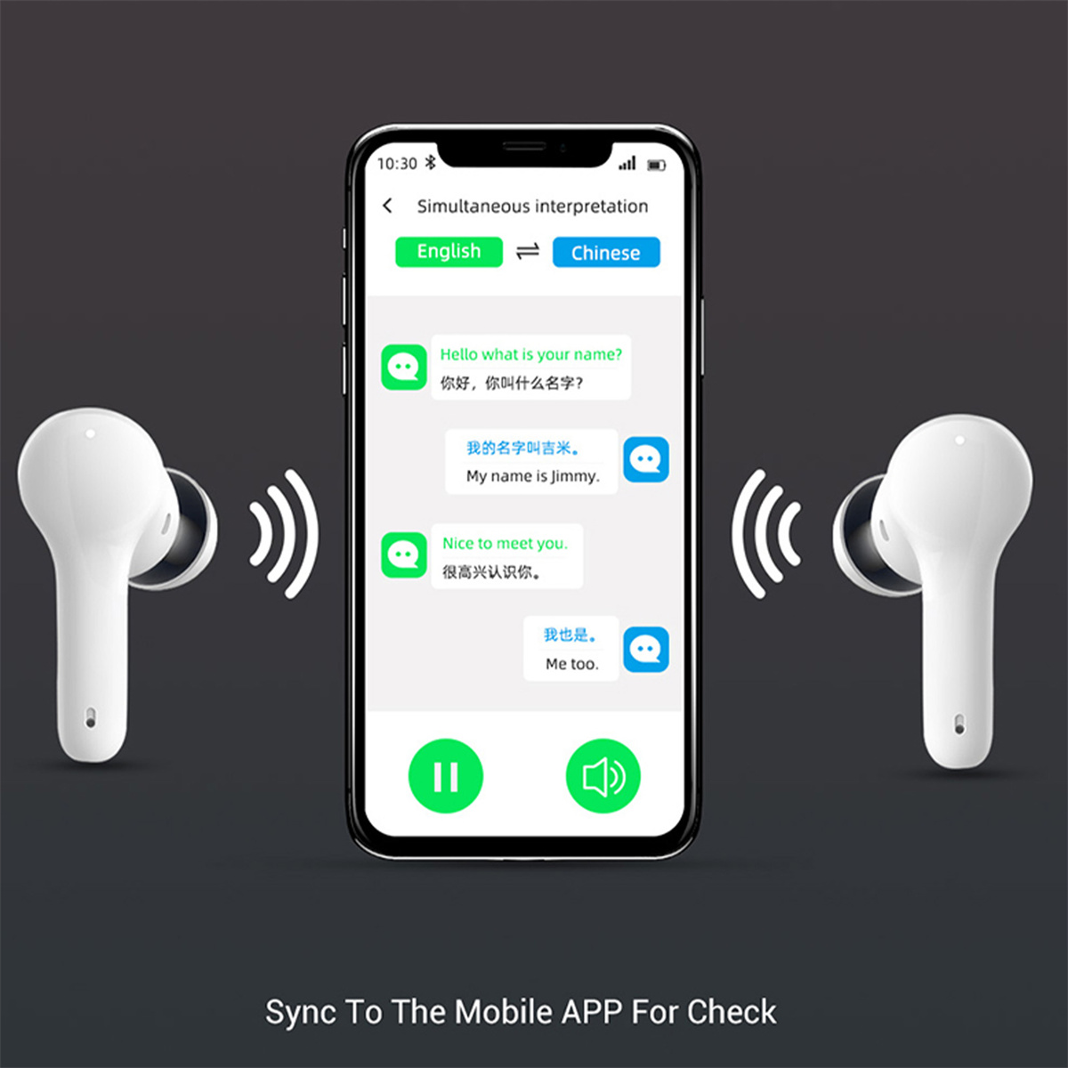 Ein Smartphone zeigt eine Übersetzungs-App mit Ohrhörern auf jeder Seite. Text auf Englisch und Chinesisch.