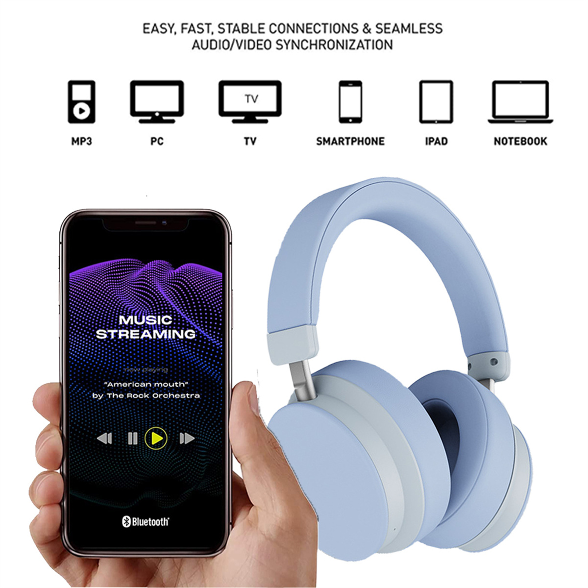 Kopfhörer und Smartphone mit Musik-Streaming-App-Oberfläche mit Symbolen. Text enthalten.