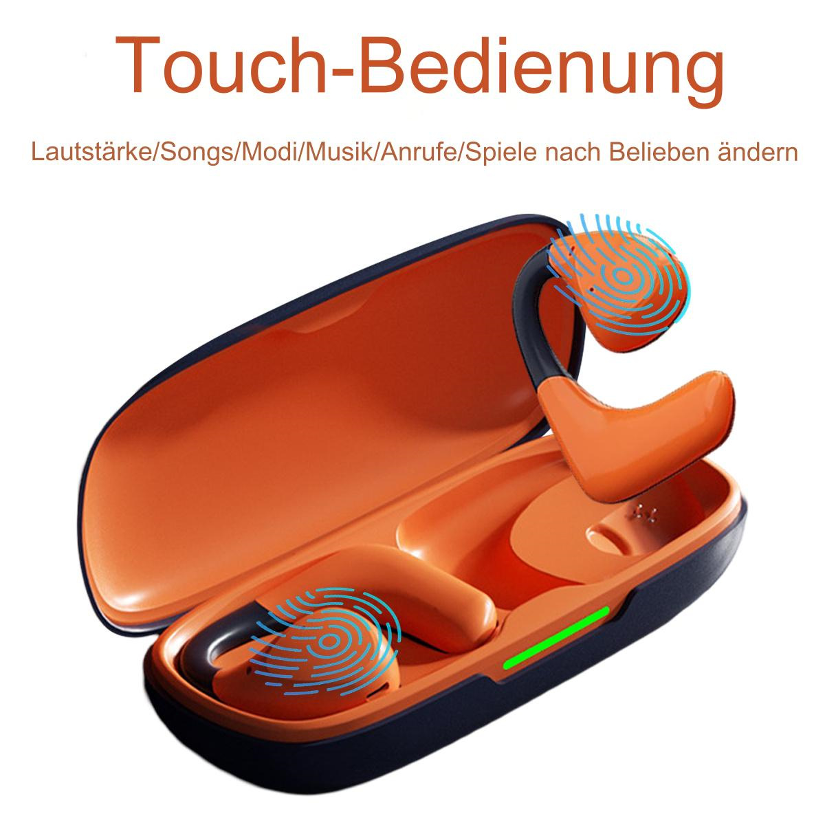 Orange und schwarze Ohrhörer in einem Etui, mit Touch-Steuerungsindikatoren. Weißer Hintergrund, Textüberlagerung.