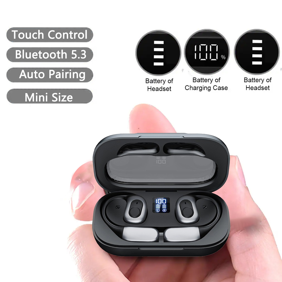 Ohrhörer und Ladecase mit Display. Text zeigt Funktionen wie Bluetooth und Akku an.