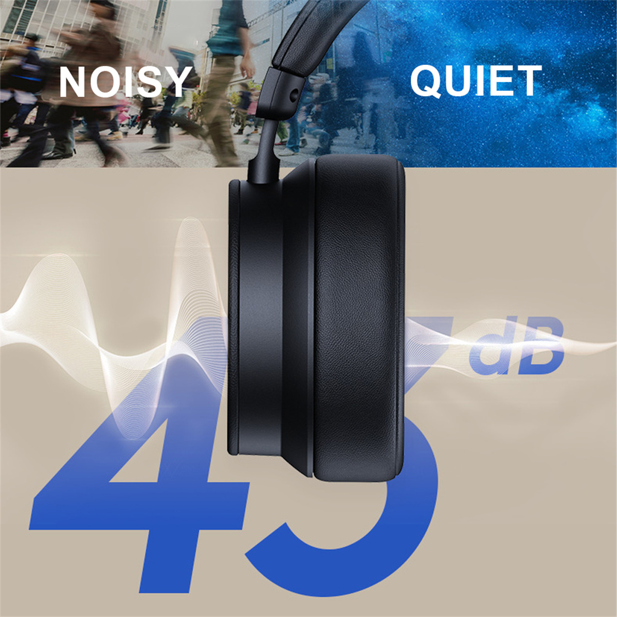 Schwarze Kopfhörer mit Geräuschunterdrückung. Text: Noisy/Quiet, 45 dB.