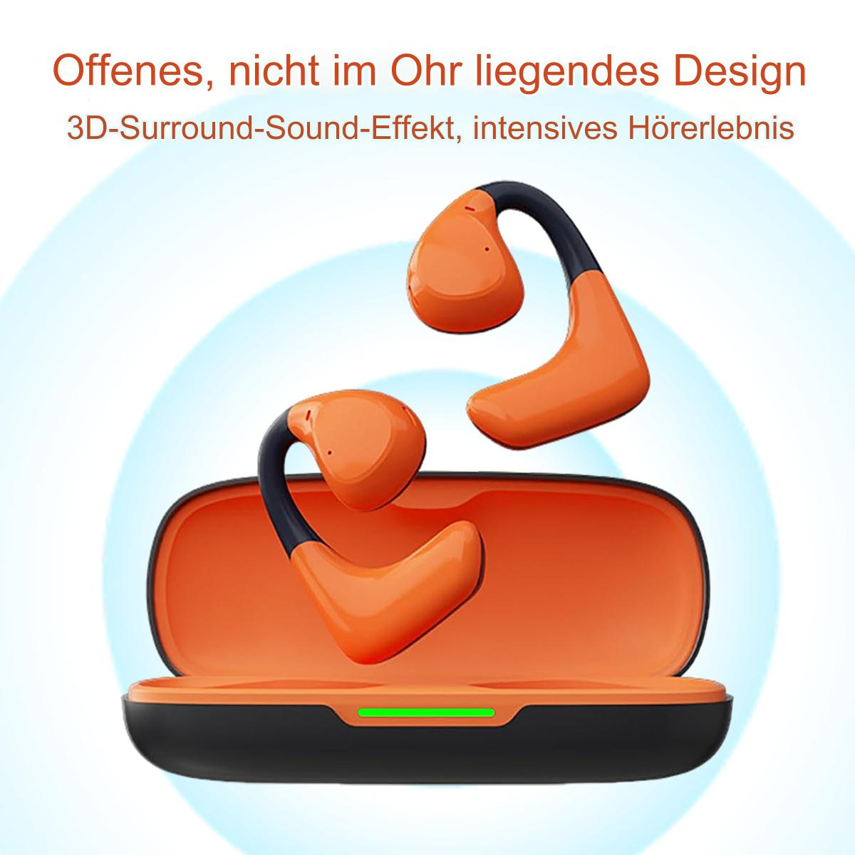 Orange und schwarze Ohrbügel-Kopfhörer und Ladeetui auf hellem Hintergrund.