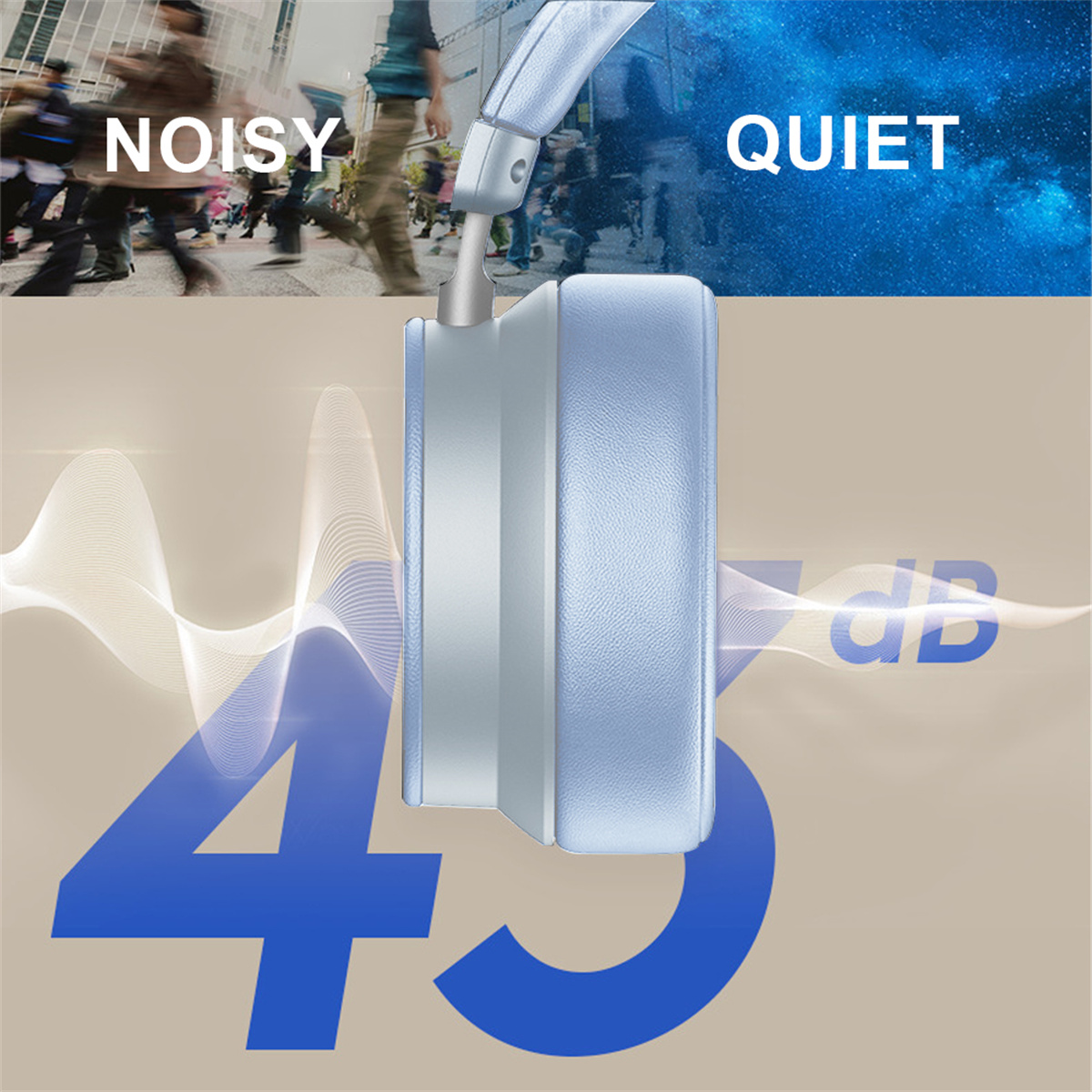 Kopfhörer mit blauem und grauem Design. Text lautet 'Noisy' und 'Quiet' mit 43dB.